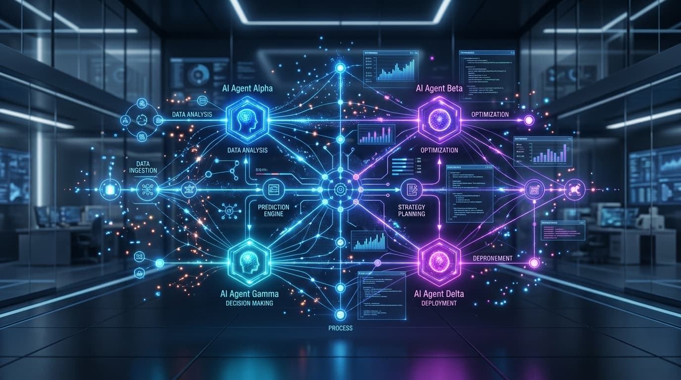 Agentic AI workflow diagram แสดง AI agents ทำงานร่วมกันใน enterprise system อัตโนมัติ