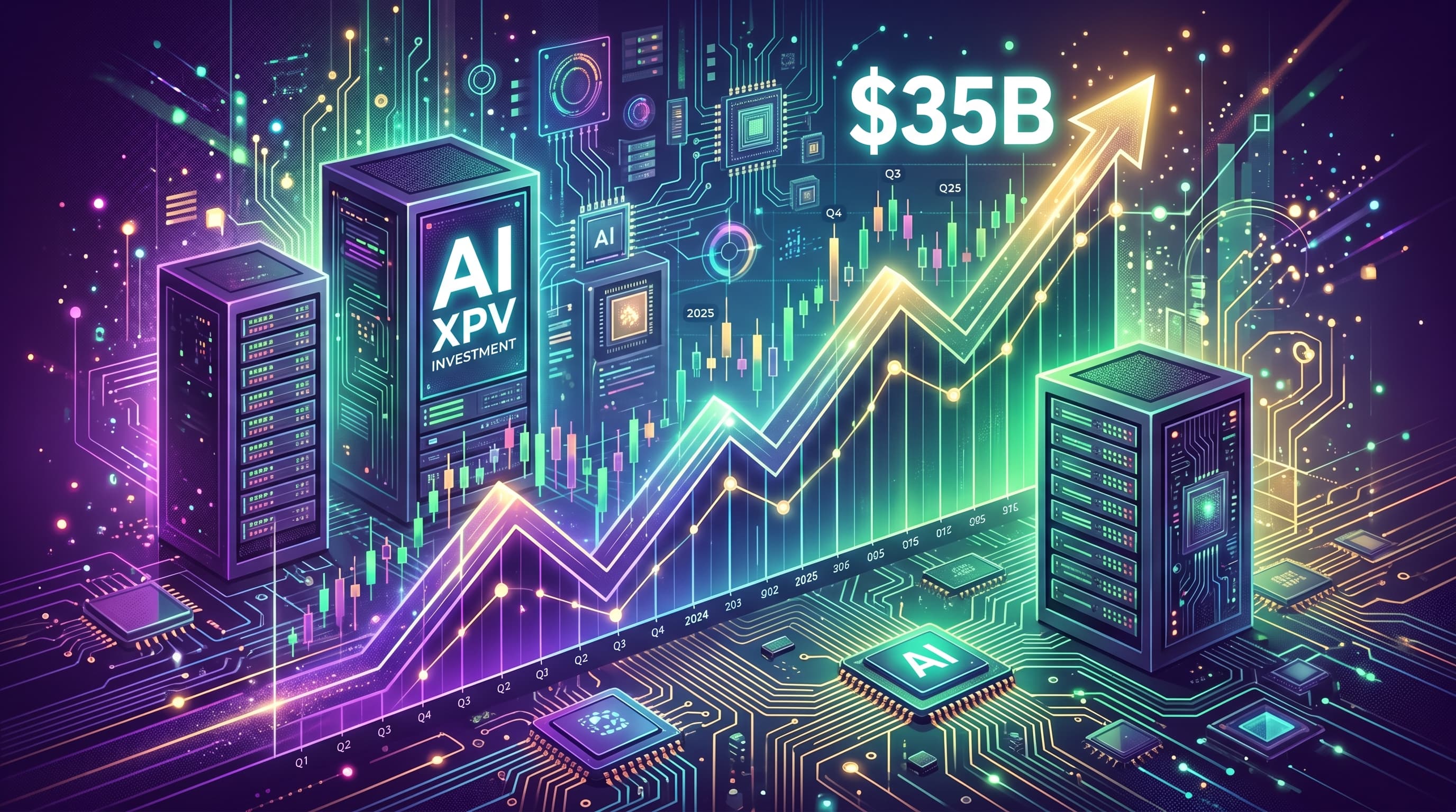 กราฟการลงทุน AI แบบก้าวกระโดด ตัวเลข $35B พร้อมโลโก้ Broadcom, Apollo, Blackstone