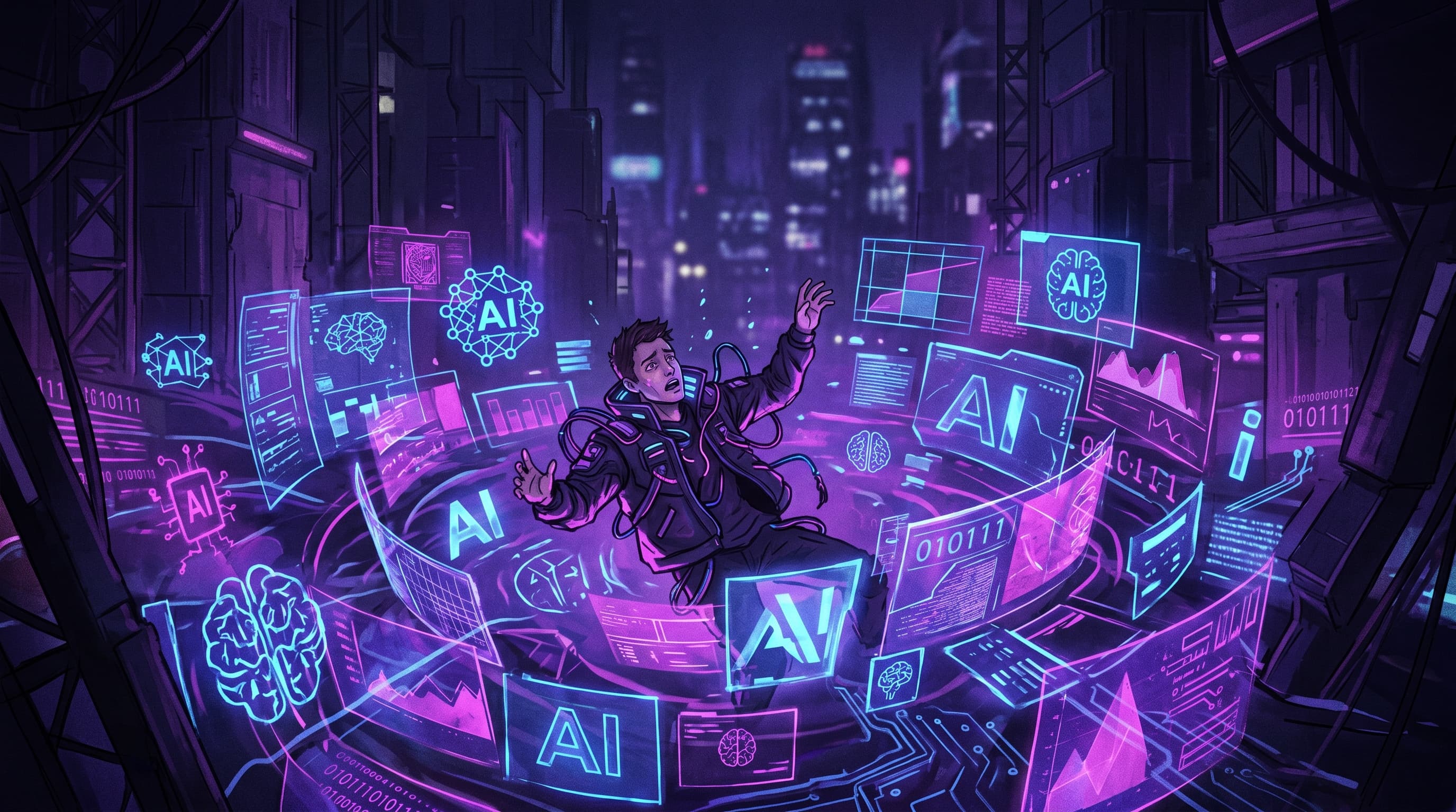 กราฟิก Cyberpunk นีออน สีม่วง-ฟ้า แสดงภาพคนจมอยู่ในโลกดิจิทัลกับ AI มากมาย สะท้อนแนวคิด AI Psychosis
