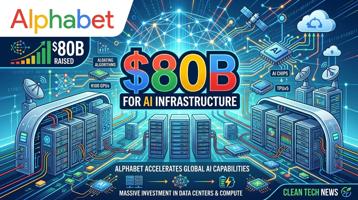 Google/Alphabet logo with $80B text and massive data center infrastructure