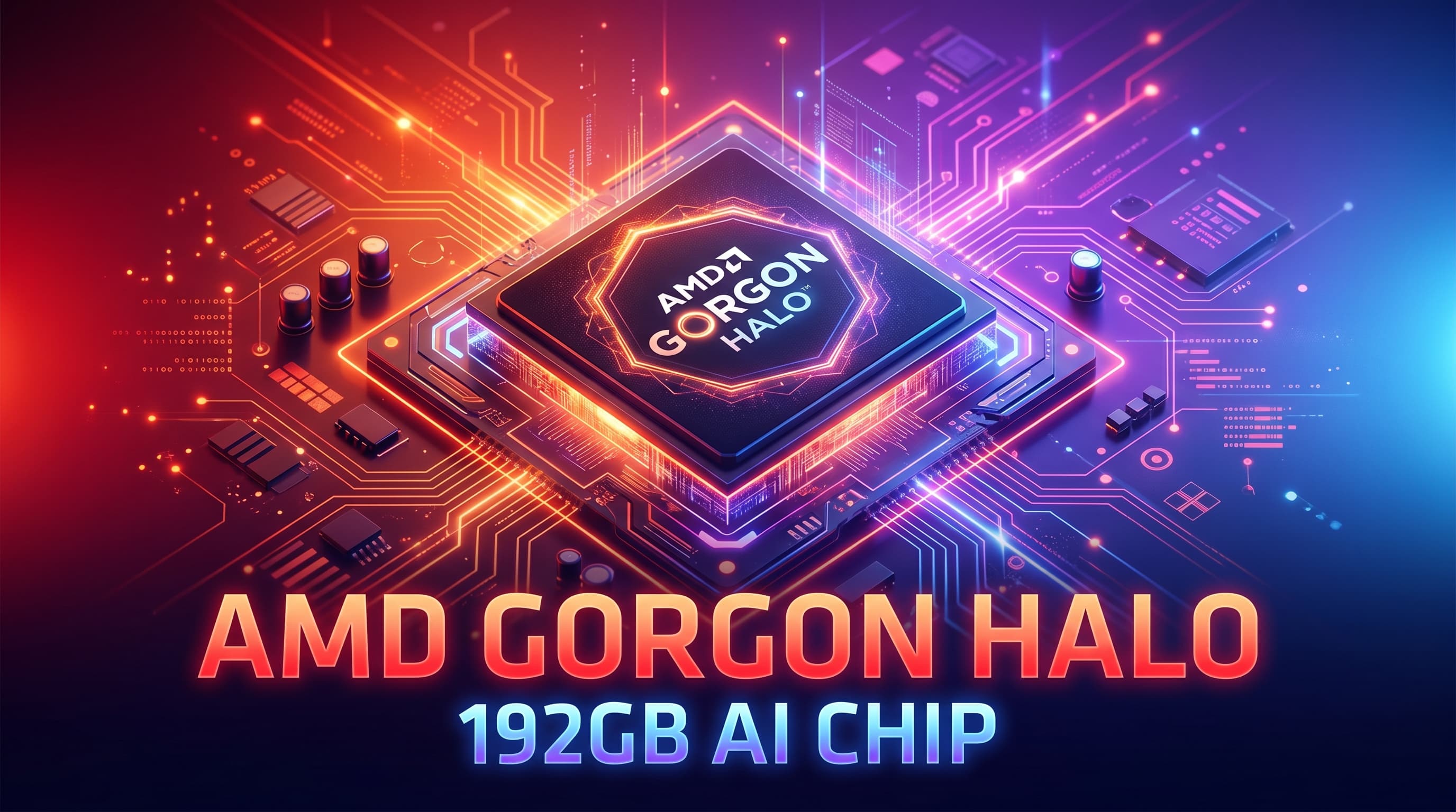 AMD Gorgon Halo ชิป AI ความจุ 192GB สไตล์ไซเบอร์พังค์ โลโก้ AMD สีแดงนีออน พร้อมชิปเรืองแสงบนพื้นมืด