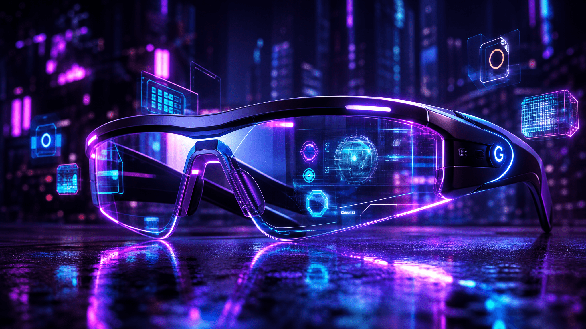 แว่นอัจฉริยะ Android XR แบบมีจอแสดงผล สไตล์ไซเบอร์พังค์ แสงนีออนม่วงฟ้า