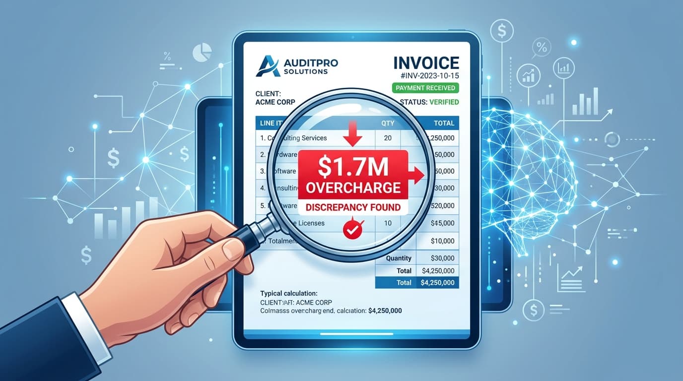 AI billing dashboard showing overcharge analysis, error audit report, Vaudit interface concept