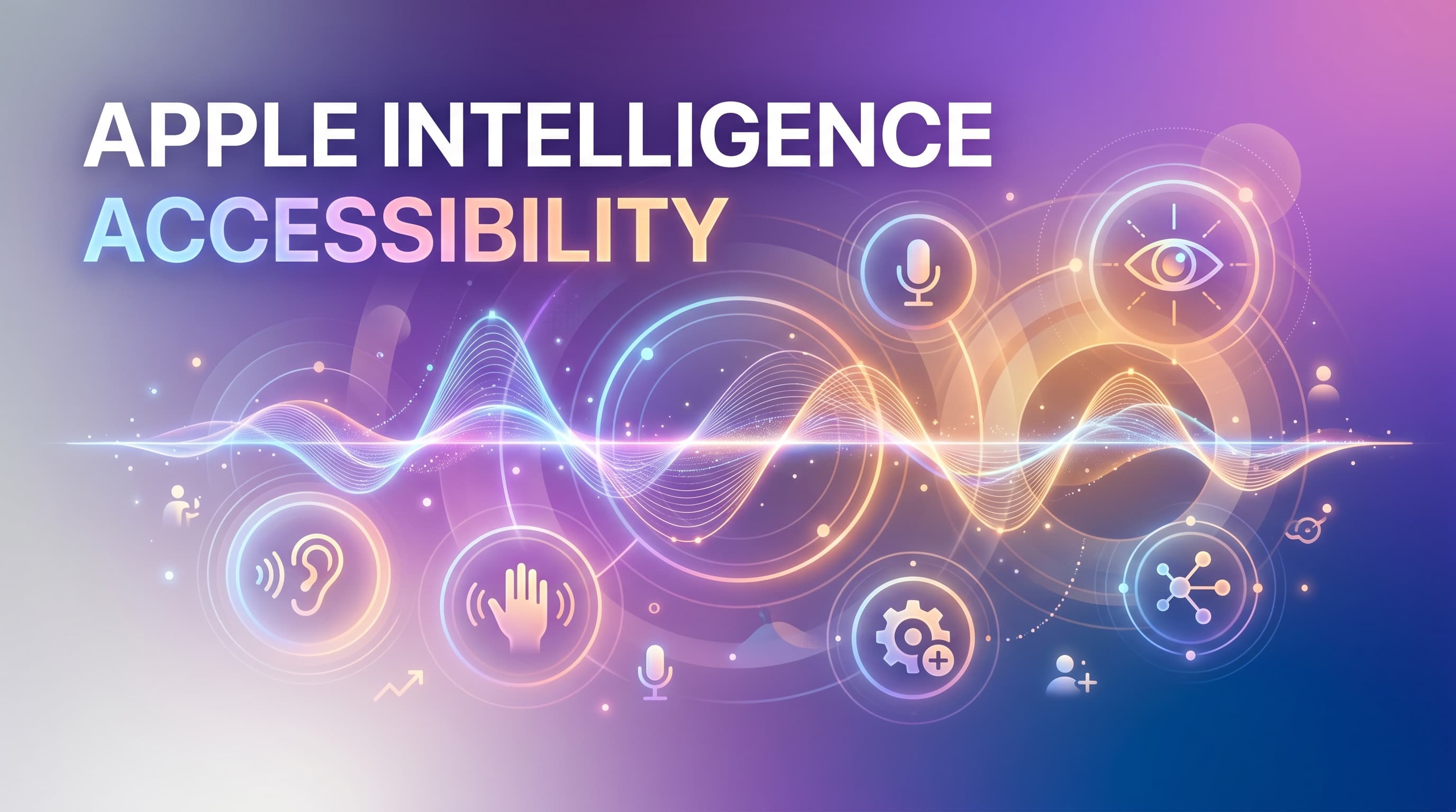 Apple Intelligence Accessibility สไตล์ไซเบอร์พังค์ โลโก้ Apple สีเงินบนพื้นหลังมืด พร้อมสัญลักษณ์ AI และ Assistive Tech