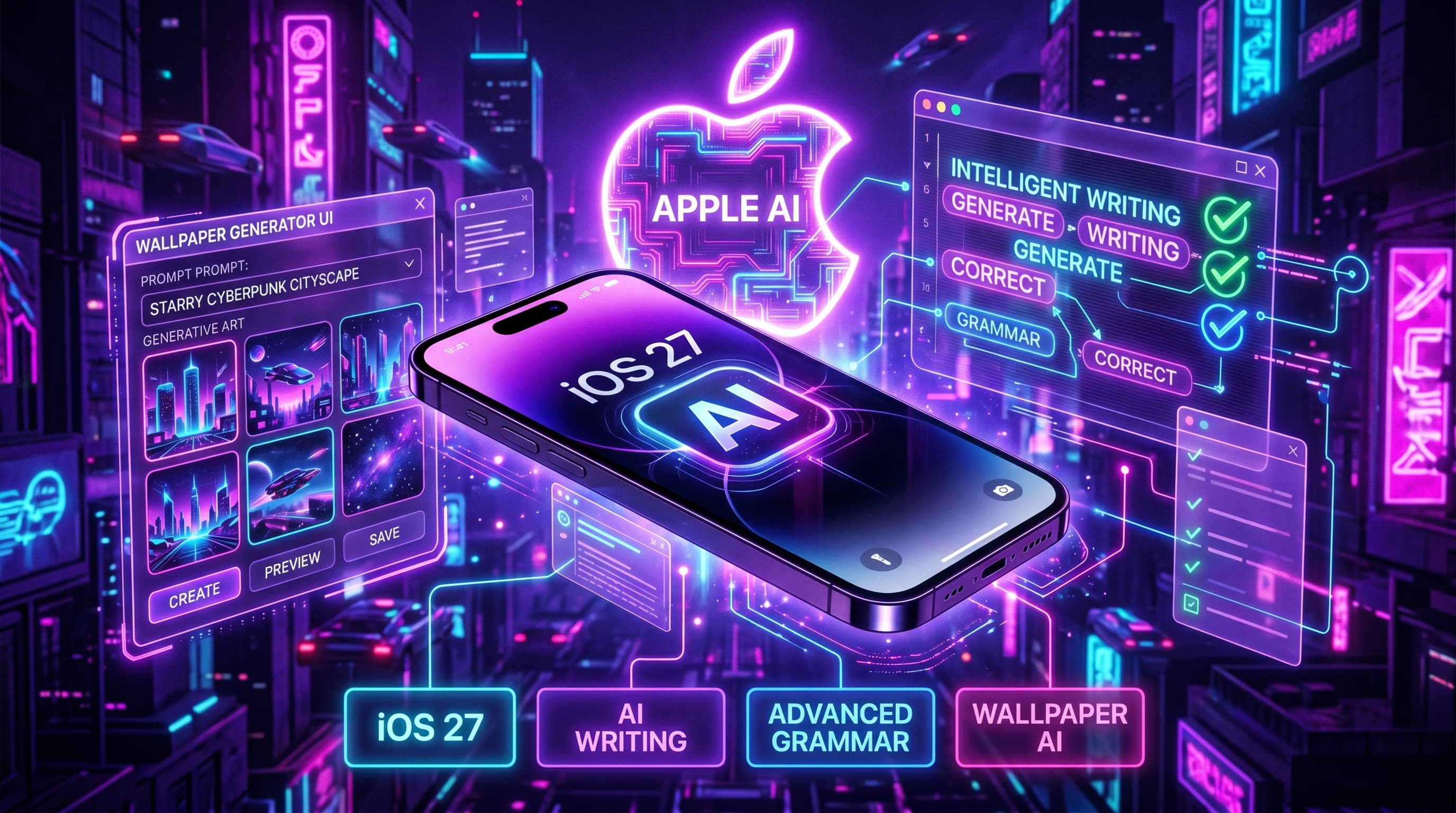 ภาพคอนเซ็ปต์ iPhone พร้อมฟีเจอร์ AI เขียนข้อความ แสงนีออนสีม่วงและฟ้า สไตล์ cyberpunk พร้อมลูกเล่นกราฟิกแนว Apple