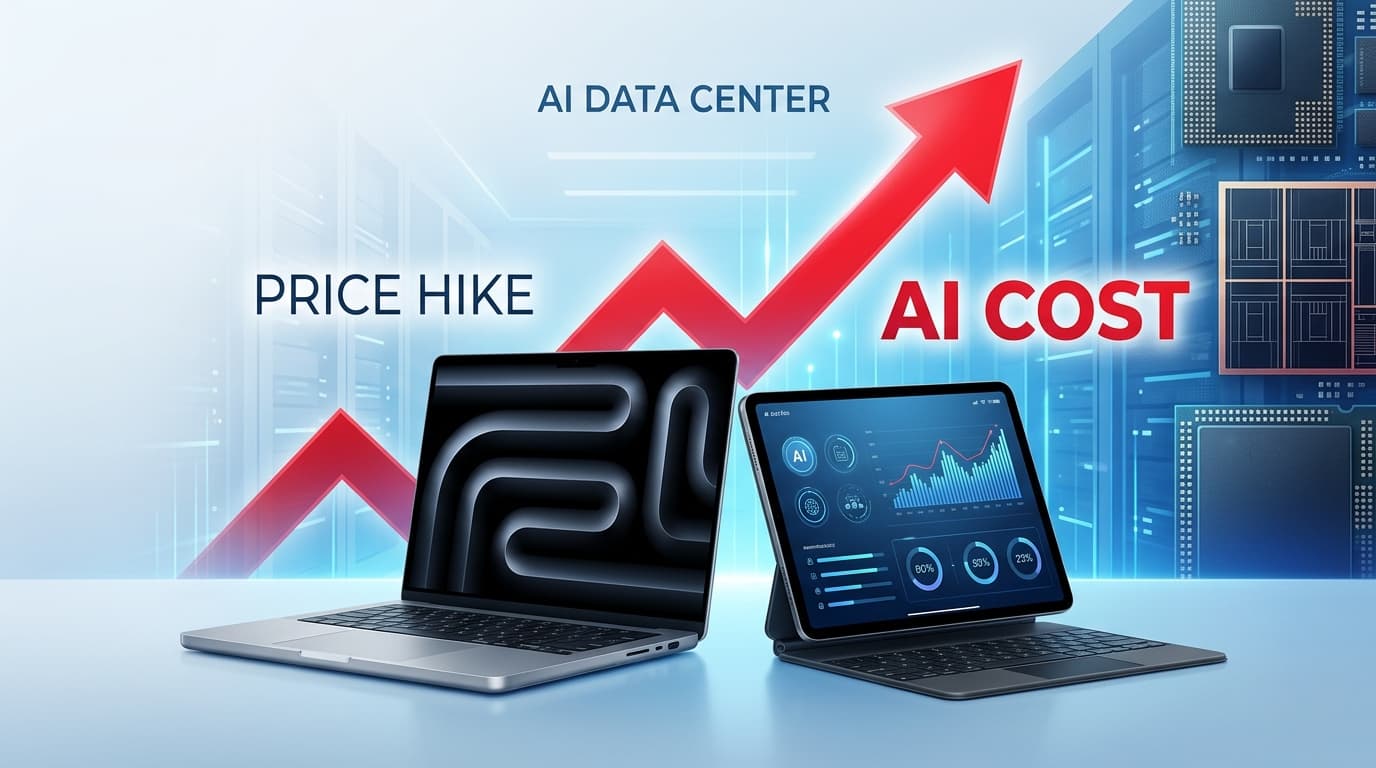 ภาพ MacBook และ iPad พร้อมกราฟราคาที่พุ่งสูงขึ้น สื่อถึงต้นทุนที่เพิ่มจาก AI data center