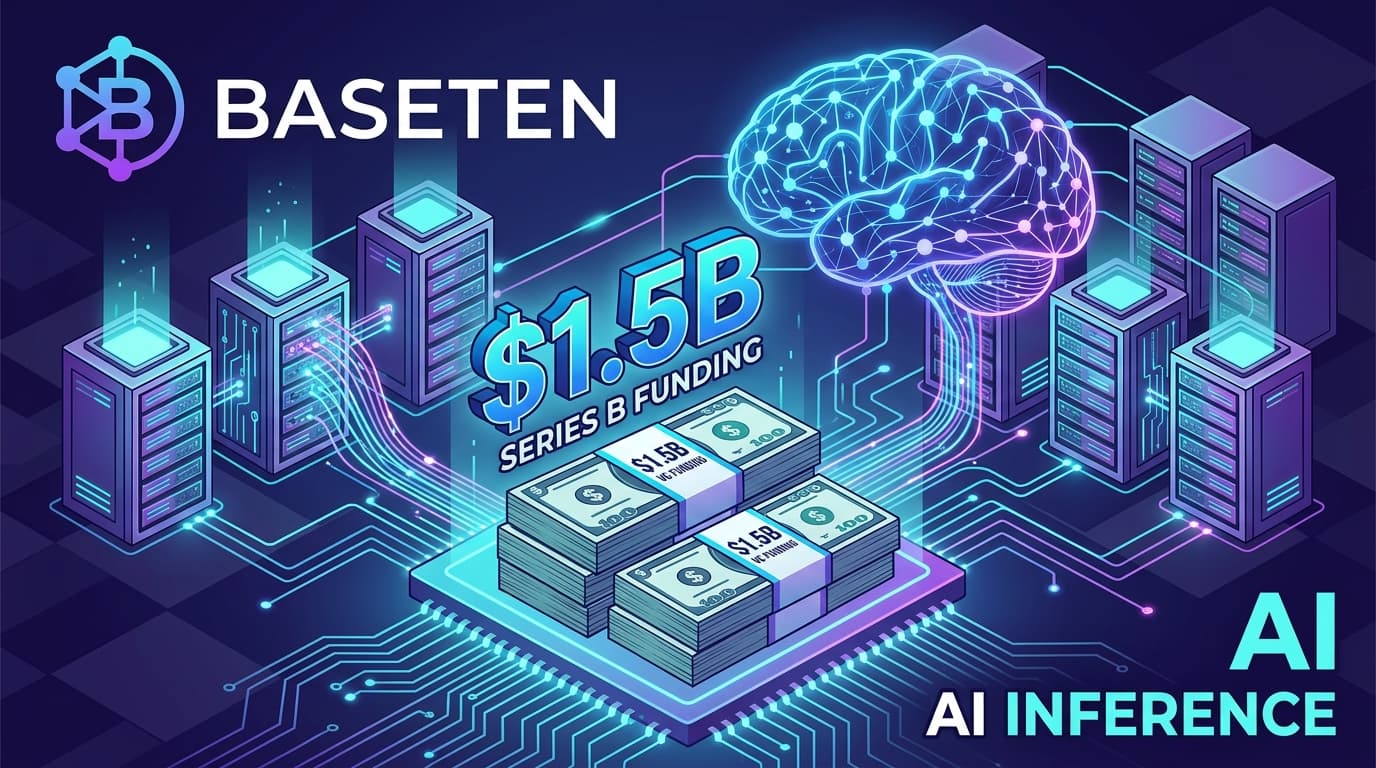ภาพคอนเซ็ปต์ Baseten AI Inference สีม่วงน้ำเงิน ทันสมัย สื่อถึงโครงสร้างพื้นฐาน AI และการประมวลผลขนาดใหญ่