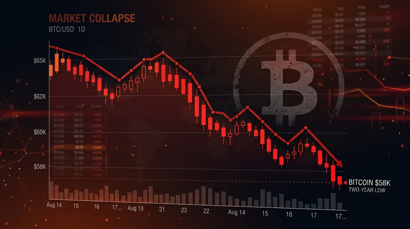 Bitcoin price chart showing sharp decline to $58,000 with red candlesticks, crypto bear market visualization