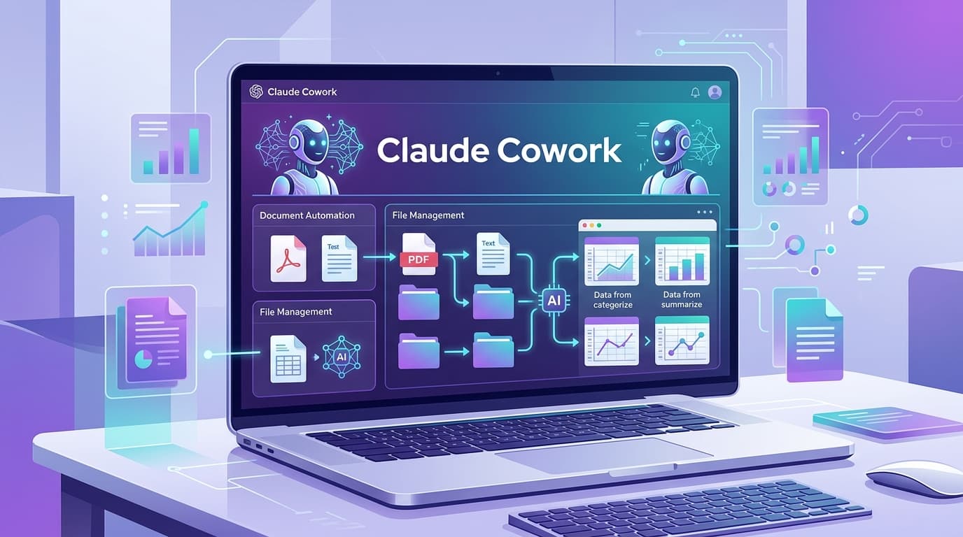 ภาพแสดง Claude Cowork AI Agent ทำงานบนเดสก์ท็อปกับไฟล์และเอกสารต่างๆ