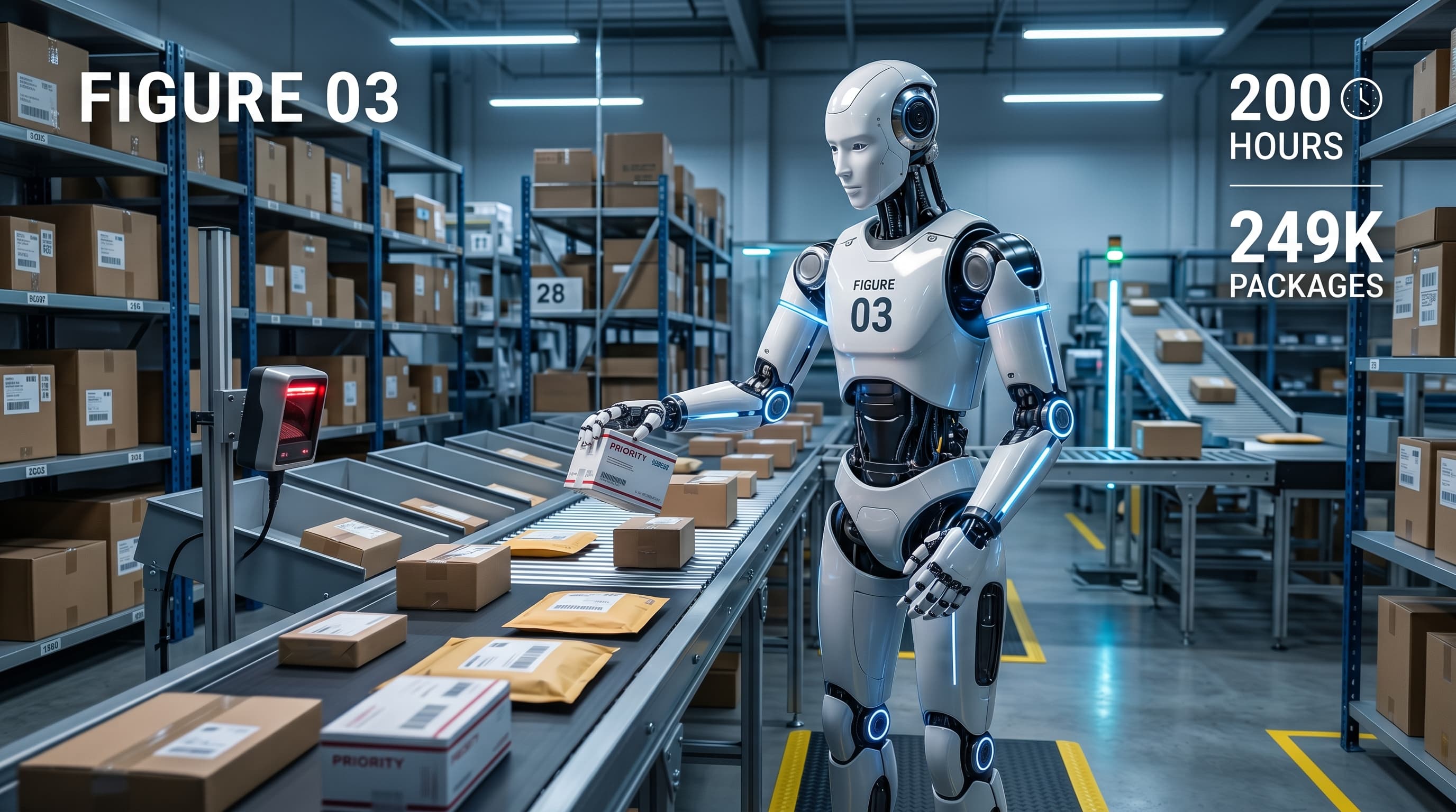 หุ่นยนต์ humanoid Figure 03 กำลังหยิบพัสดุวางบนสายพานลำเลียง ในคลังสินค้าแสงสลัว แนว Tech สีน้ำเงิน-เทา
