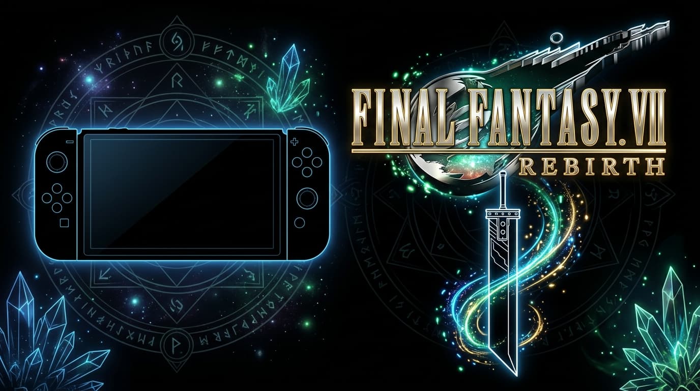 Final Fantasy VII Rebirth box art with Nintendo Switch 2 console, Cloud Strife and fantasy RPG elements