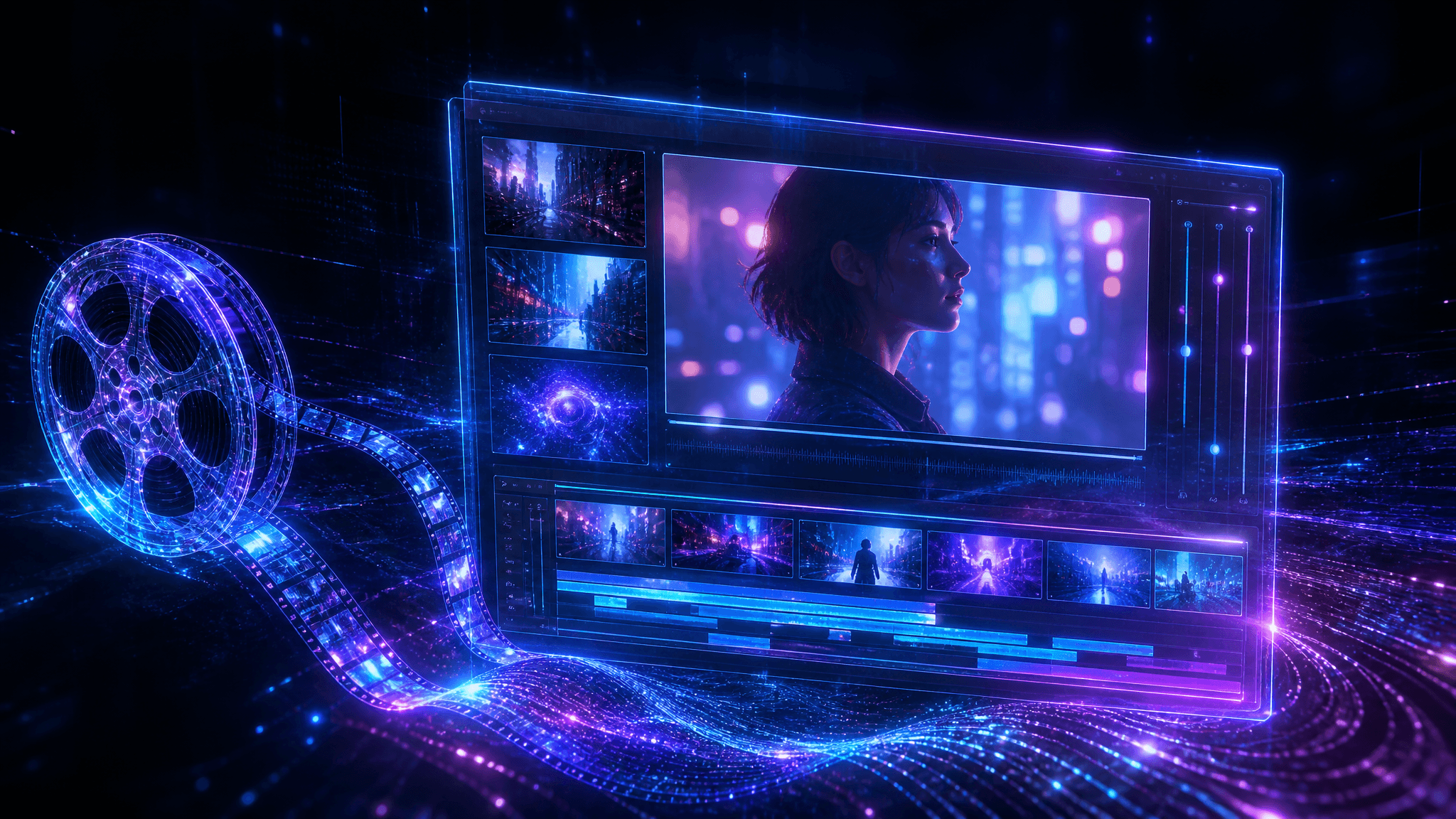 Gemini Omni โมเดลสร้างวิดีโอ AI สไตล์ไซเบอร์พังค์ แสงนีออนฟ้า-ม่วง หน้าจอวิดีโอแบบโฮโลแกรม
