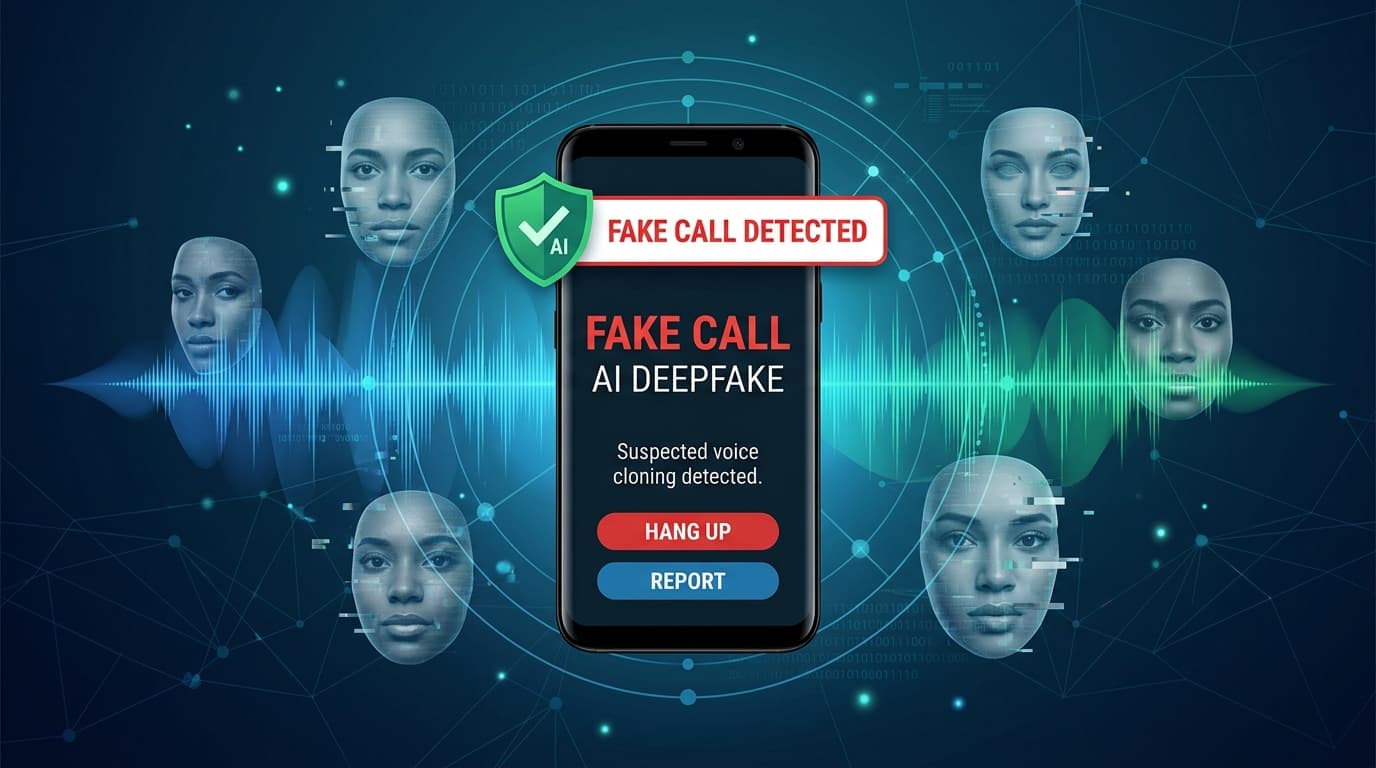 อินเทอร์เฟซ Android แสดงฟีเจอร์ตรวจจับสายปลอม พร้อมกราฟิก AI ดีพเฟกและมิจฉาชีพ