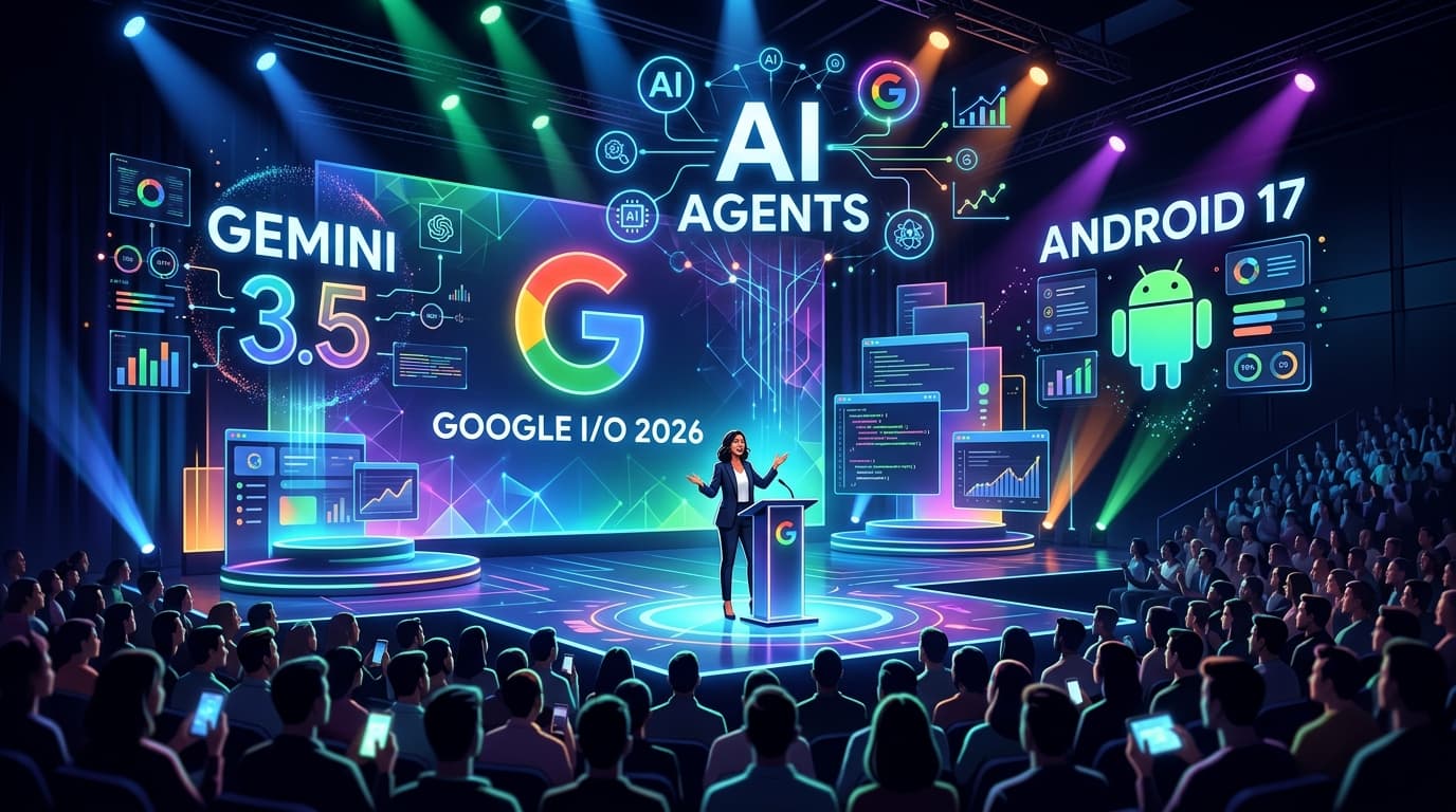 ภาพโลโก้ Google รายล้อมด้วยไอคอน Gemini AI, Android, Search และเทคโนโลยีที่ประกาศในงาน I/O 2026