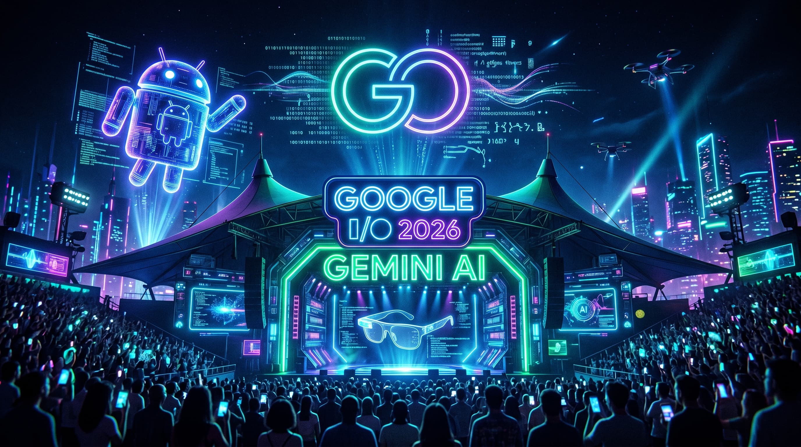 ภาพคอนเซ็ปต์งาน Google I/O 2026 ที่ Shoreline Amphitheatre พร้อมโลโก้ Google และ Gemini ท่ามกลางแสงนีออนสีฟ้าและเขียว สไตล์ cyberpunk