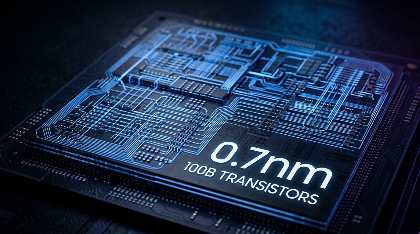 IBM nanostack chip schematic with layered 3D nanosheet architecture, 100 billion transistors, data visualization