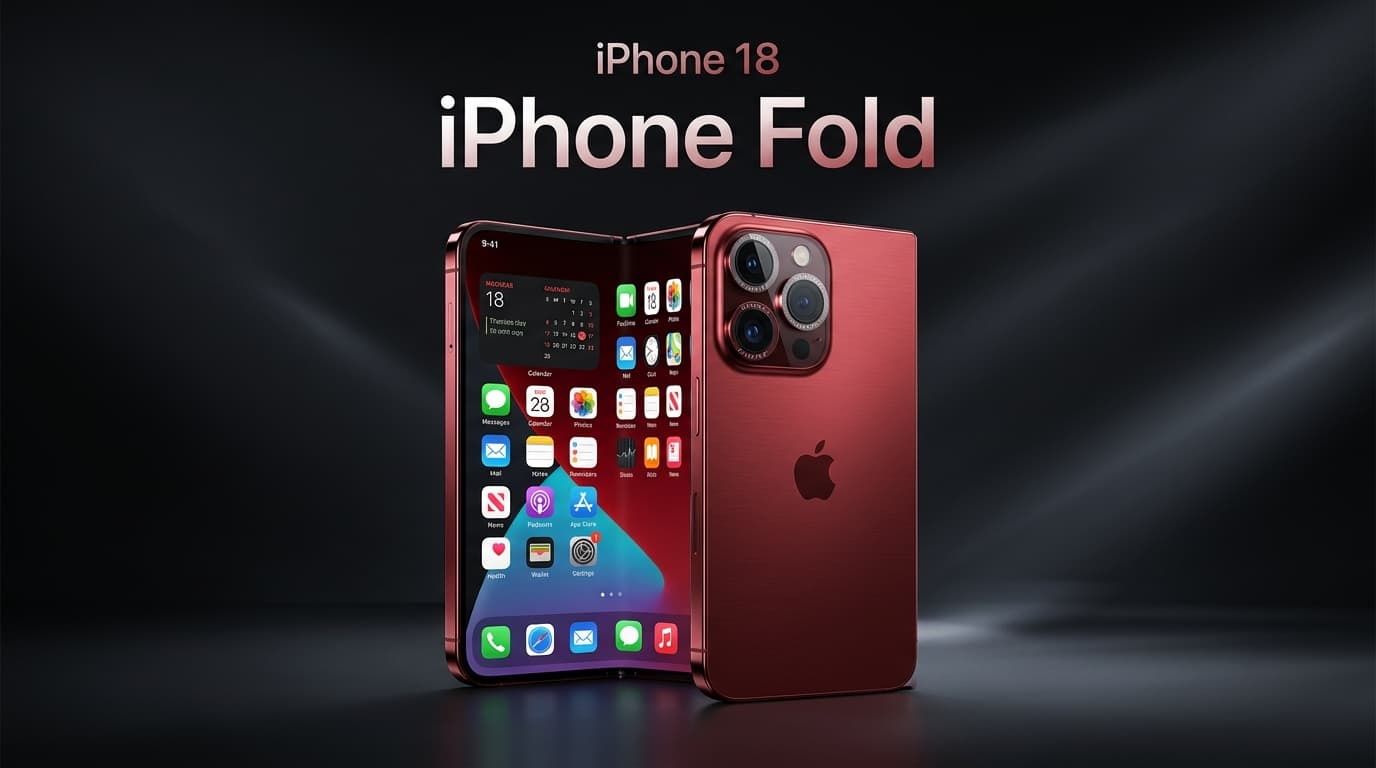 ภาพเรนเดอร์ iPhone 18 Pro สี Dark Cherry และ iPhone Fold สมาร์ทโฟนพับได้ของ Apple พร้อมระบบกล้องใหม่ พื้นหลังสตูดิโอโทนเข้ม