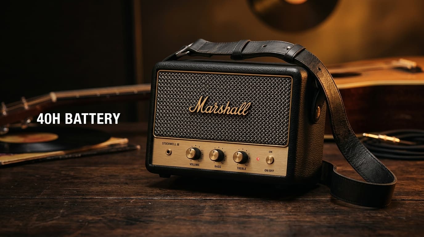 Marshall Stockwell III ลำโพง Bluetooth พกพาดีไซน์ย้อนยุคสไตล์แอมป์กีตาร์ พร้อมปุ่มควบคุมทองเหลือง