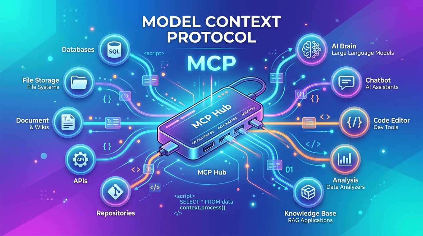 ภาพแสดง MCP Protocol เชื่อมต่อ AI กับแหล่งข้อมูลต่างๆ ผ่านมาตรฐานเปิดแบบ USB-C
