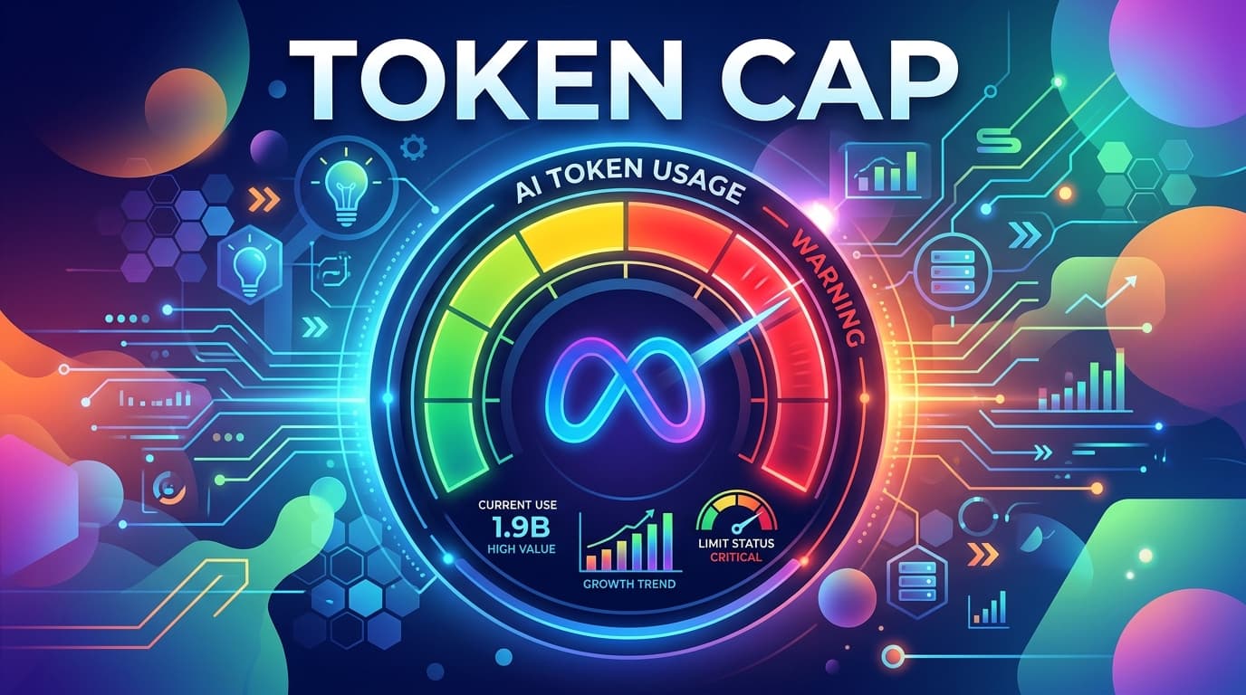 กราฟิกแสดง AI token meter สีสันสดใสกับโลโก้ Meta และข้อความ TOKEN CAP พื้นหลังเทคโนโลยีสีน้ำเงินอมม่วง