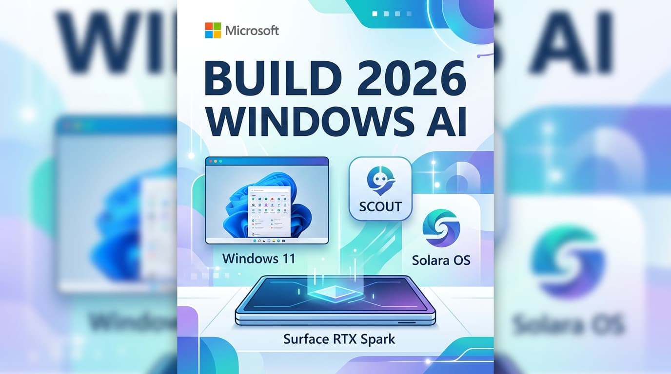 Microsoft Build 2026 stage with Windows, Solara, Scout and Surface RTX Spark