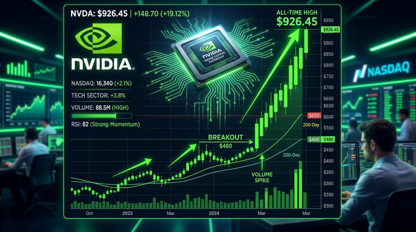 กราฟหุ้นบนหน้าจอดิจิทัล — NVIDIA NVDA stock all-time high April 2026