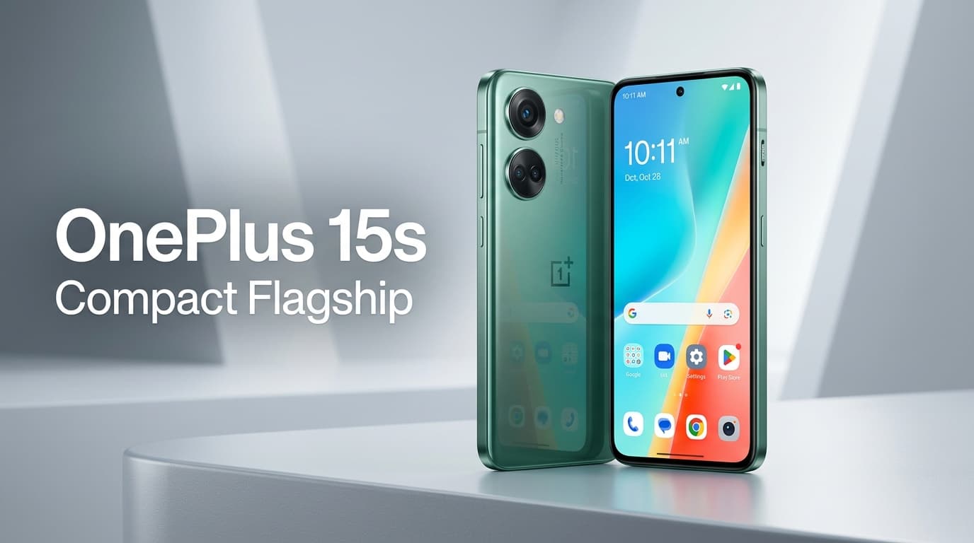 ภาพเรนเดอร์ OnePlus 15s ตัวเครื่องสีเขียว ดีไซน์บางเบา กล้องหลัง 2 ตัว จอแสดงผลขอบบาง พื้นหลังสตูดิโอโทนสว่าง