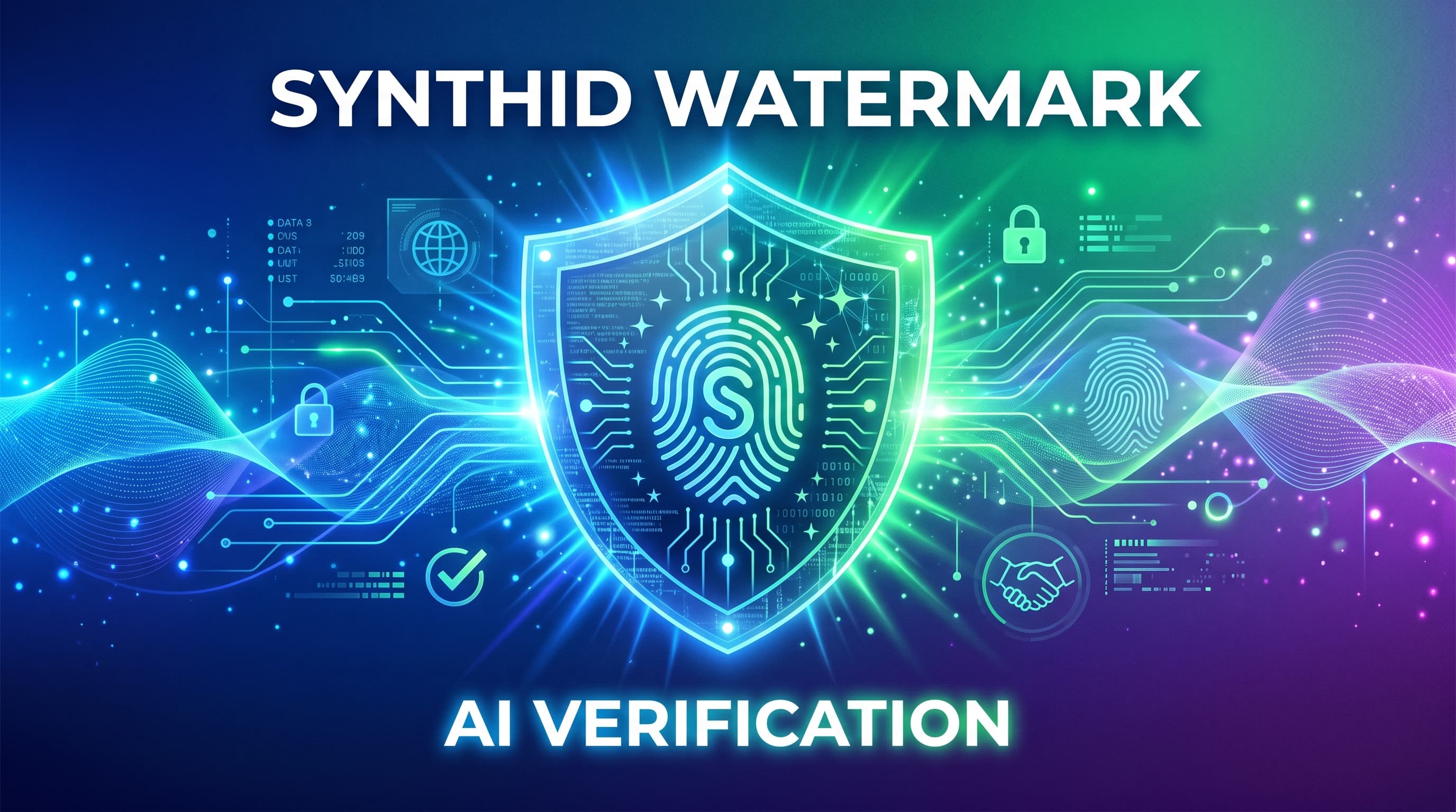 OpenAI จับมือ Google ใช้ SynthID Watermark สไตล์ไซเบอร์พังค์ โลโก้ OpenAI และ Google พร้อมสัญลักษณ์ Watermark สีเขียวนีออน