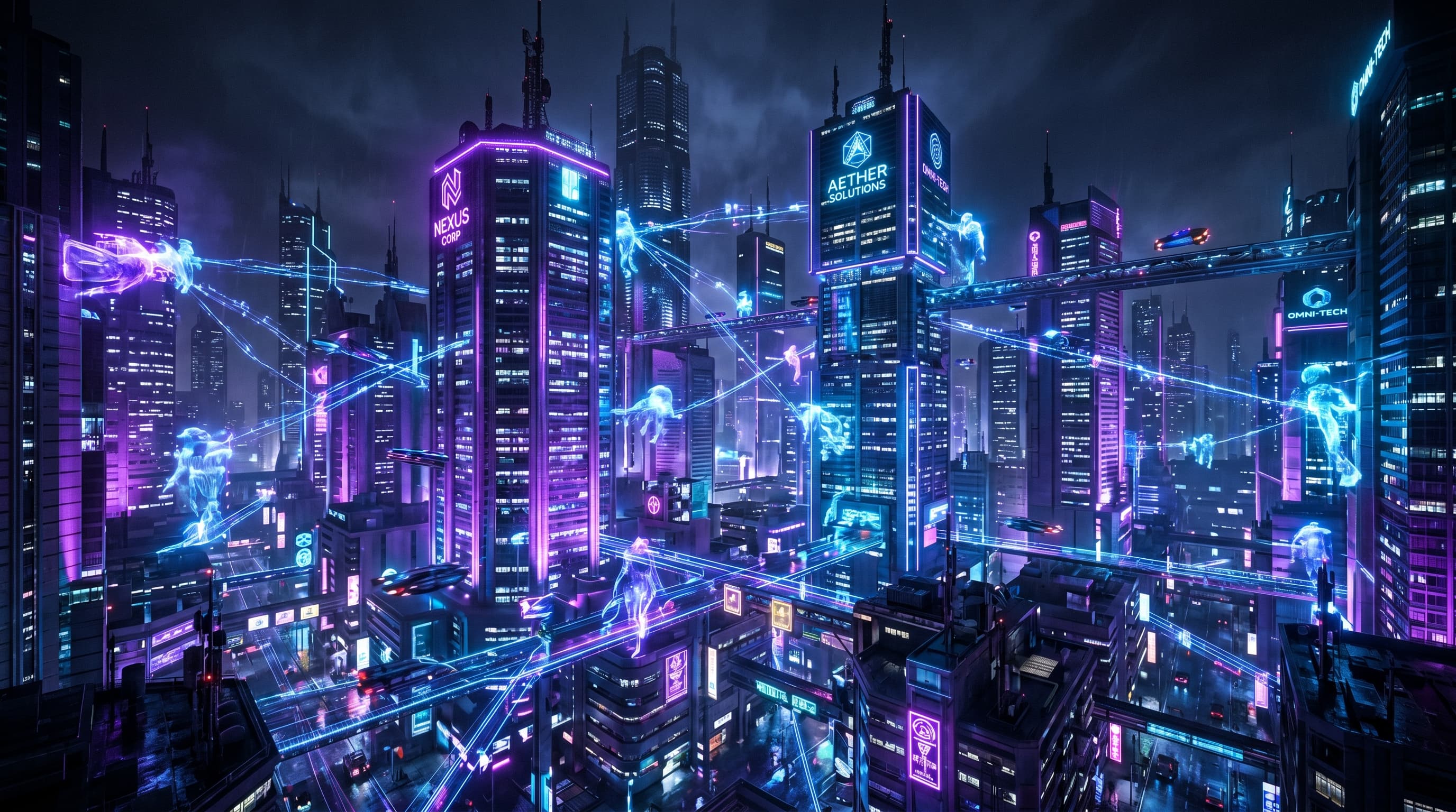 กราฟิก Cyberpunk นีออน สีม่วง-น้ำเงิน แสดงภาพตึก Enterprise สูงใหญ่ที่มี AI Agent เชื่อมต่อทั่วเมือง สื่อถึงการขยายตัวของ AI สู่องค์กรขนาดใหญ่