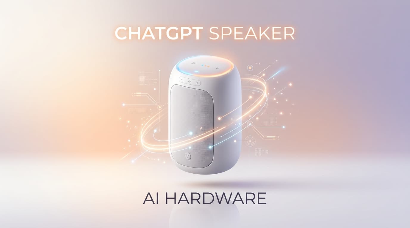 ภาพลำโพงอัจฉริยะดีไซน์ล้ำยุคไร้หน้าจอ พร้อมโลโก้ OpenAI และ ChatGPT ในสภาพแวดล้อมบ้านสมัยใหม่