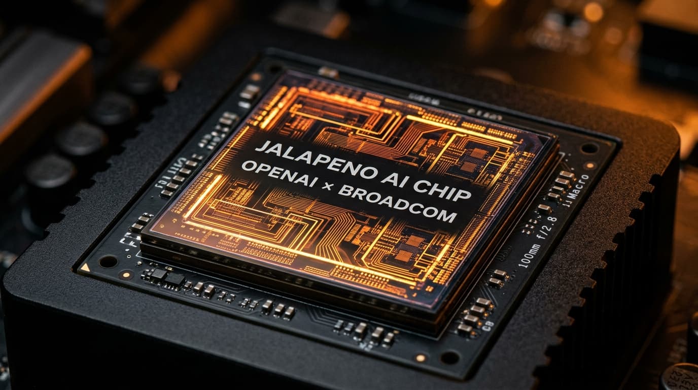 OpenAI Jalapeño AI chip processor chip design with circuit traces, Broadcom collaboration, futuristic tech concept