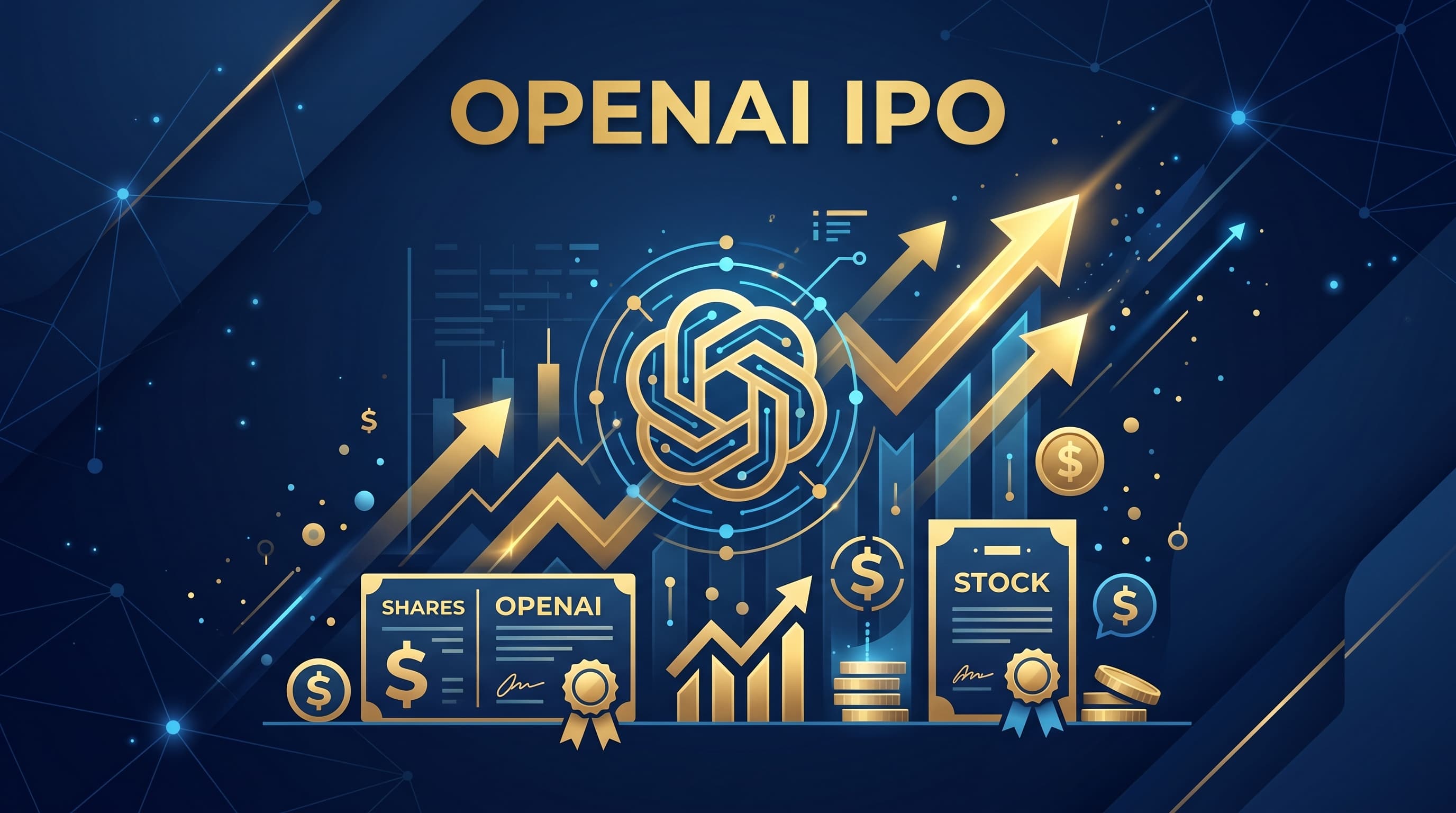 OpenAI IPO การเข้าตลาดหุ้นกับ Goldman Sachs และ Morgan Stanley พื้นหลังสีทองและกรมท่า