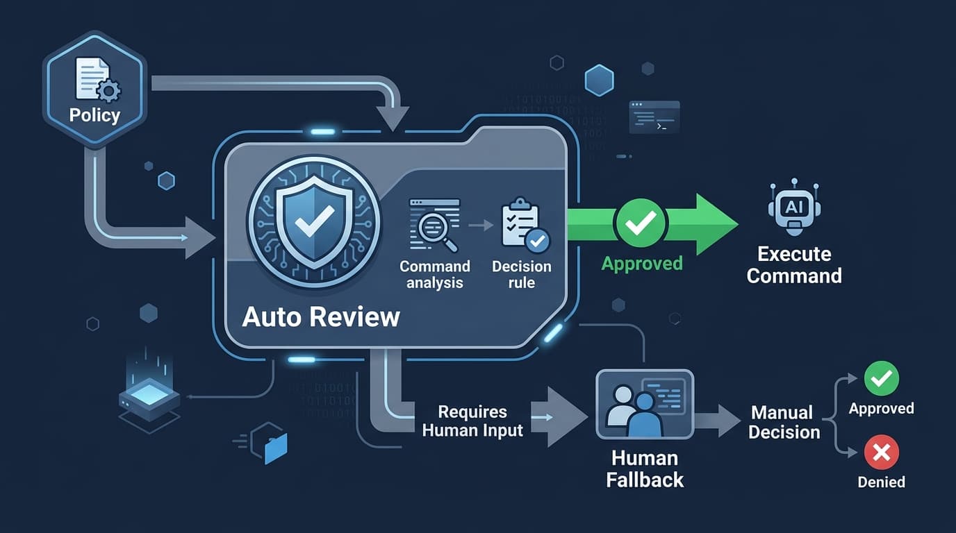 OpenClaw Auto Mode สำหรับ Exec Approvals แผนภาพแสดงขั้นตอน Policy → Auto Review → Human Fallback สีฟ้า-เทา ทันสมัย