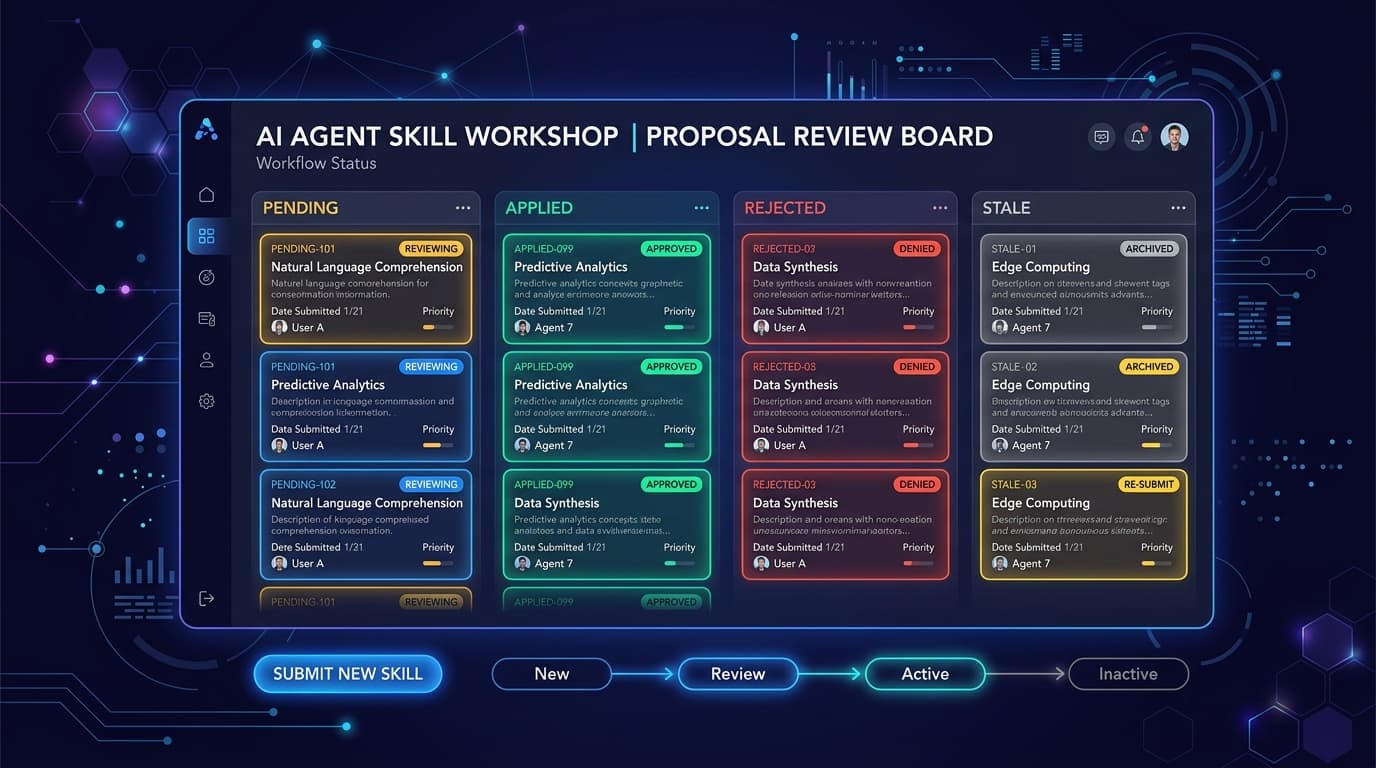 Skill Workshop UI บน OpenClaw แสดง Board View สำหรับจัดการ Proposal Skill AI Agent แบบมีขั้นตอนการอนุมัติ