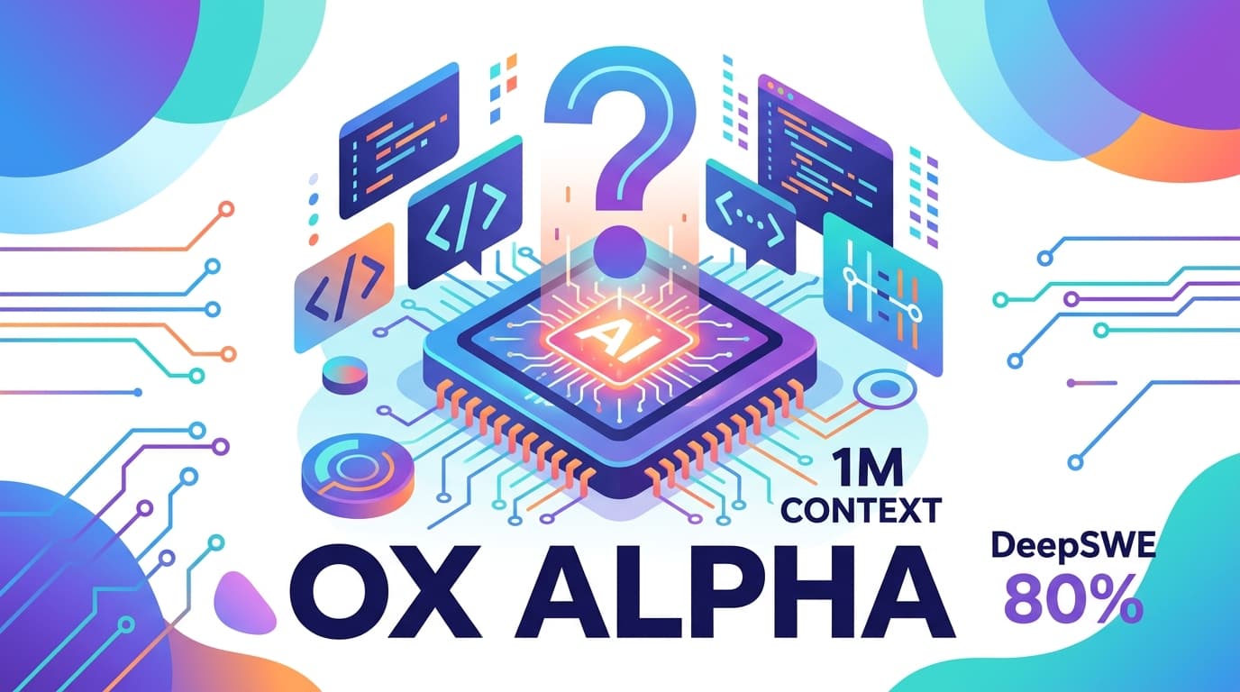 กราฟิกโมเดล AI ลึกลับสัญลักษณ์เครื่องหมายคำถามพร้อมข้อความ OX ALPHA 1M CONTEXT และกราฟคะแนน DeepSWE 80%