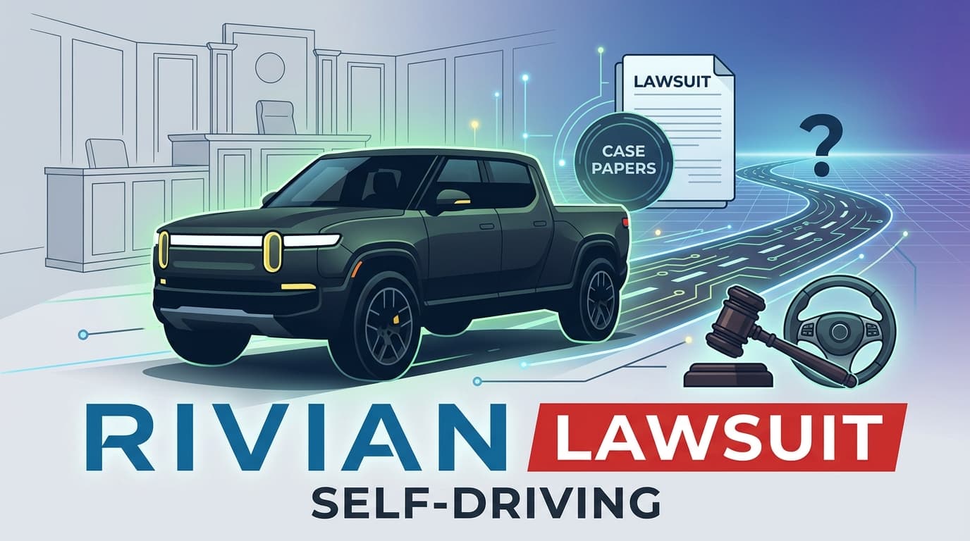 รถกระบะ Rivian R1T กับสัญลักษณ์ภาพศาลและเครื่องหมายตกใจ สื่อถึงการถูกฟ้องร้องเรื่องฟีเจอร์ขับเคลื่อนอัตโนมัติ