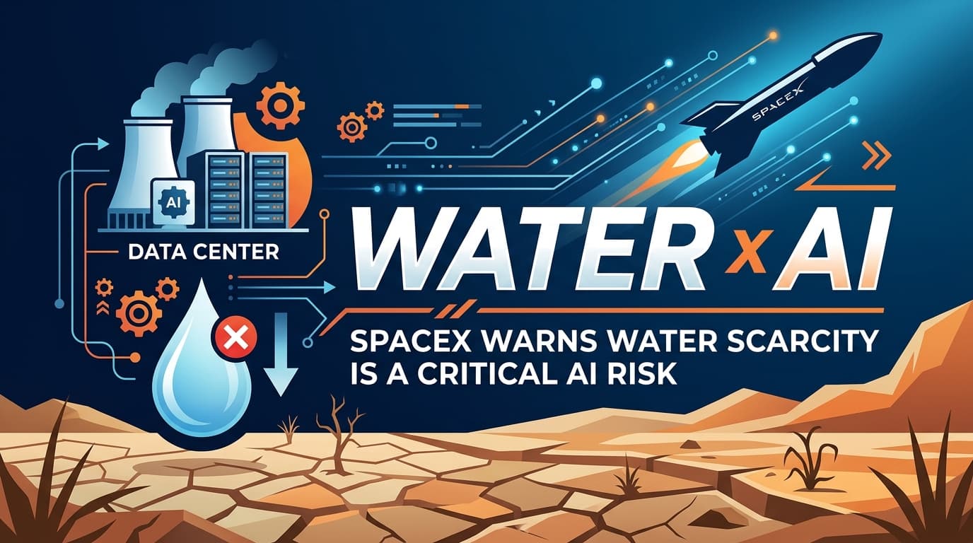 SpaceX rocket silhouette with data center and water scarcity infographic