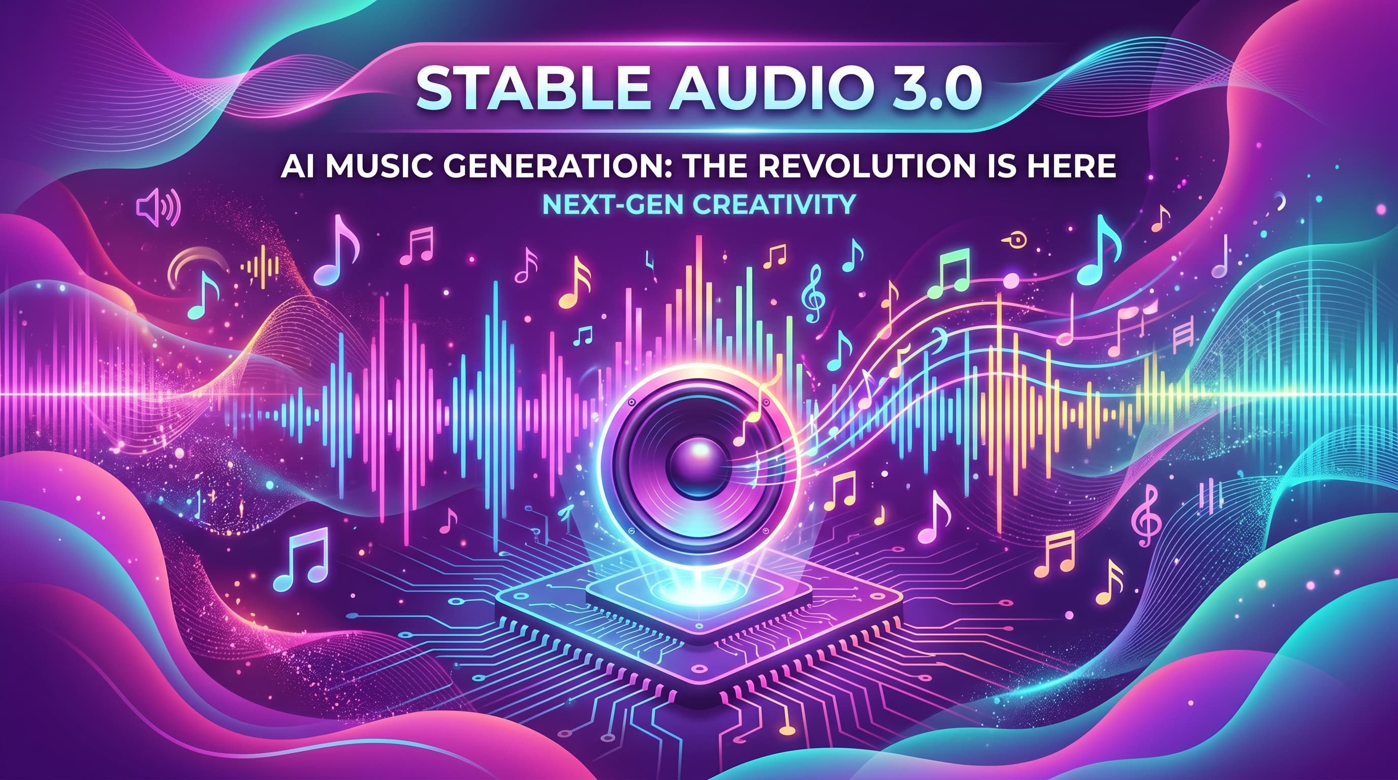 Stable Audio 3.0 AI Music Generation สีม่วงและชมพูเทคนีออน เส้นคลื่นเสียง