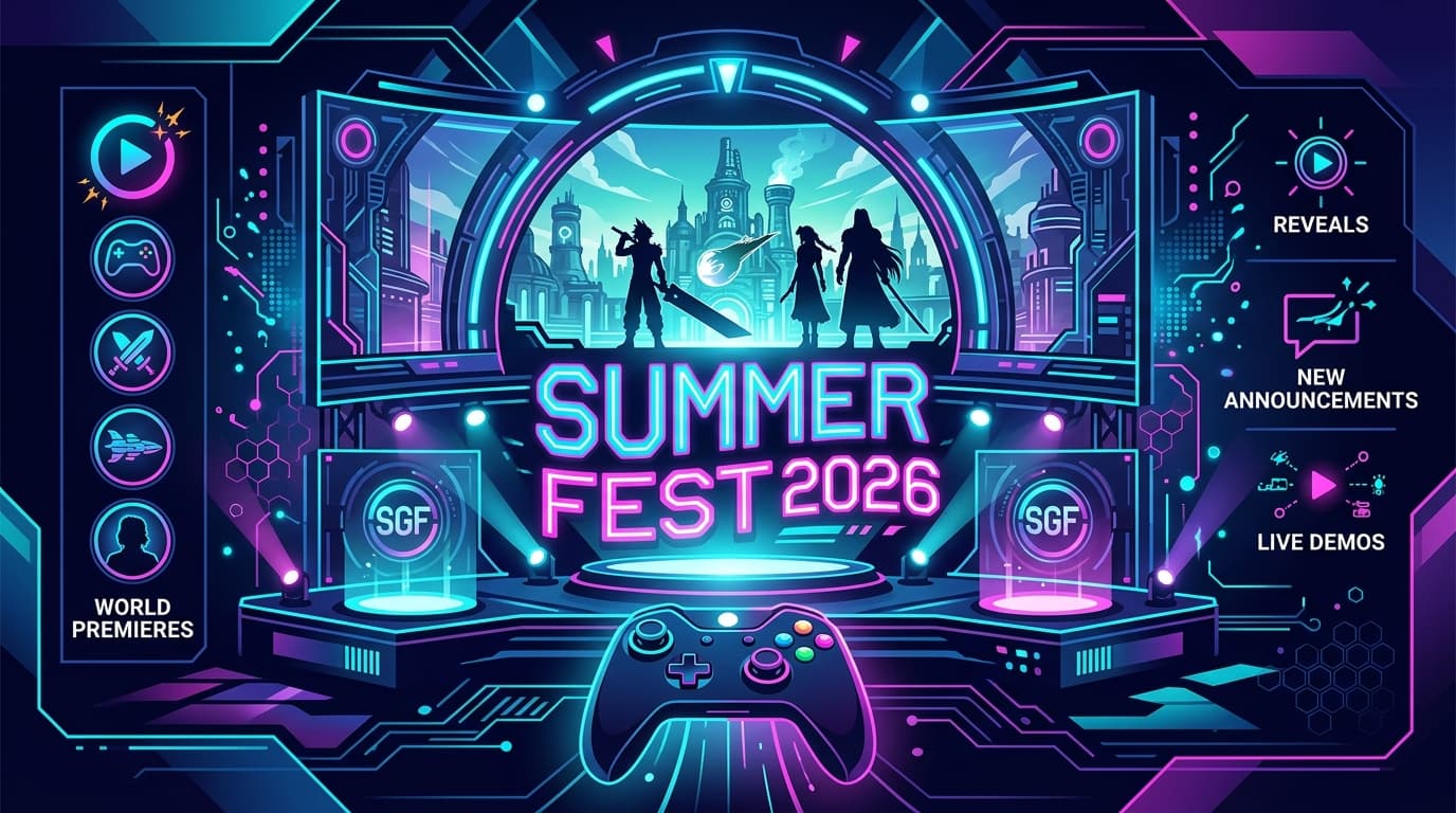 Summer Game Fest 2026 stage with game trailers and neon gaming vibe