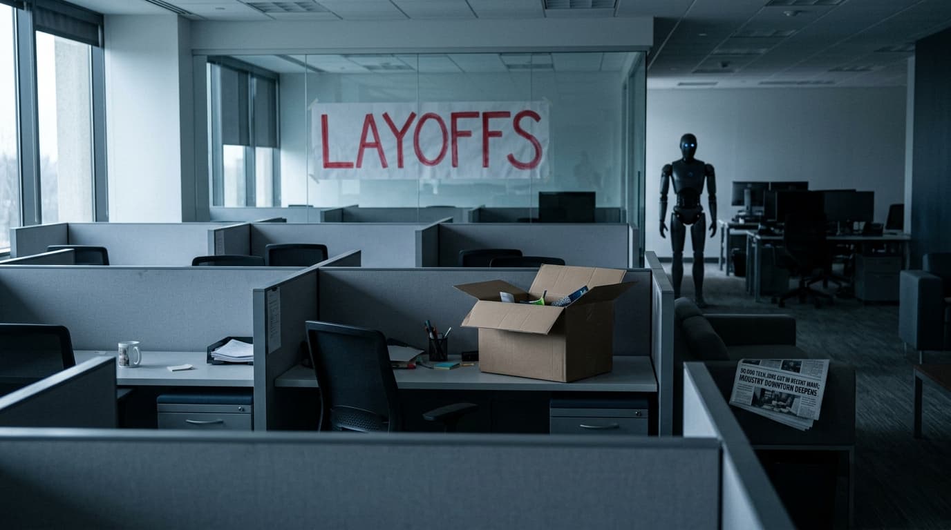 พนักงาน IT นั่งทำงานกับโน้ตบุ๊กสื่อถึงความกังวลเรื่อง tech layoffs จาก AI