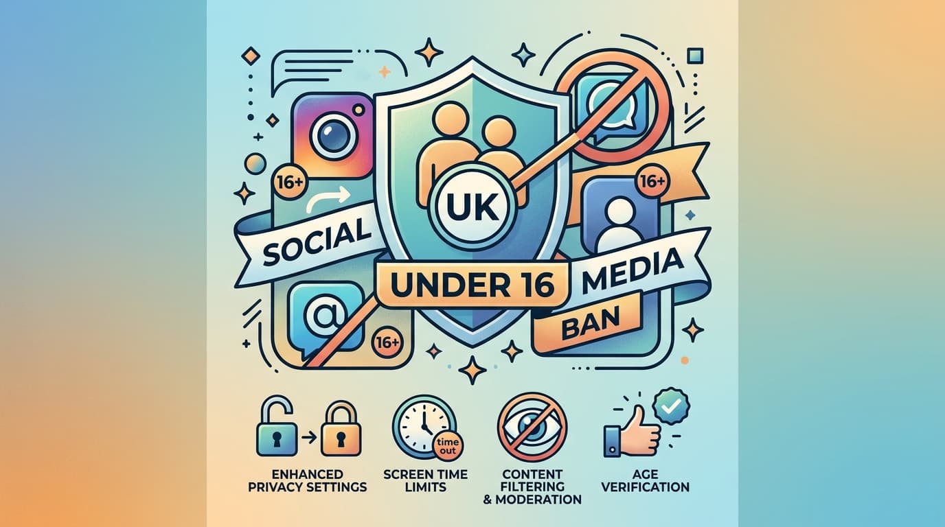 กราฟิก UK social media ban เด็กถือสมาร์ทโฟนที่มีเครื่องหมายห้าม พร้อมธง UK และคำว่า Under 16