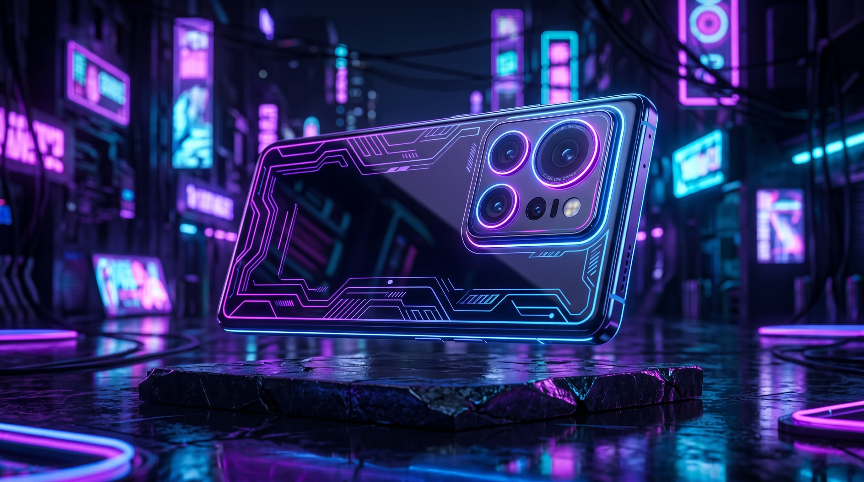 กราฟิก Cyberpunk นีออนสีม่วง-ฟ้า แสดงสมาร์ทโฟน Vivo X300 Ultra ที่มีกล้อง 200MP โดดเด่น พร้อม Kit เลนส์เสริม ท่ามกลางแสงนีออน