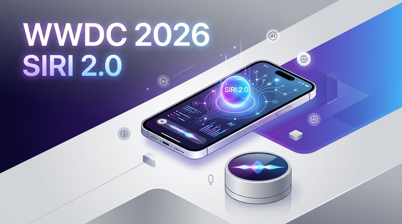 Apple WWDC 2026 event stage with Siri 2.0 and AI features visualization