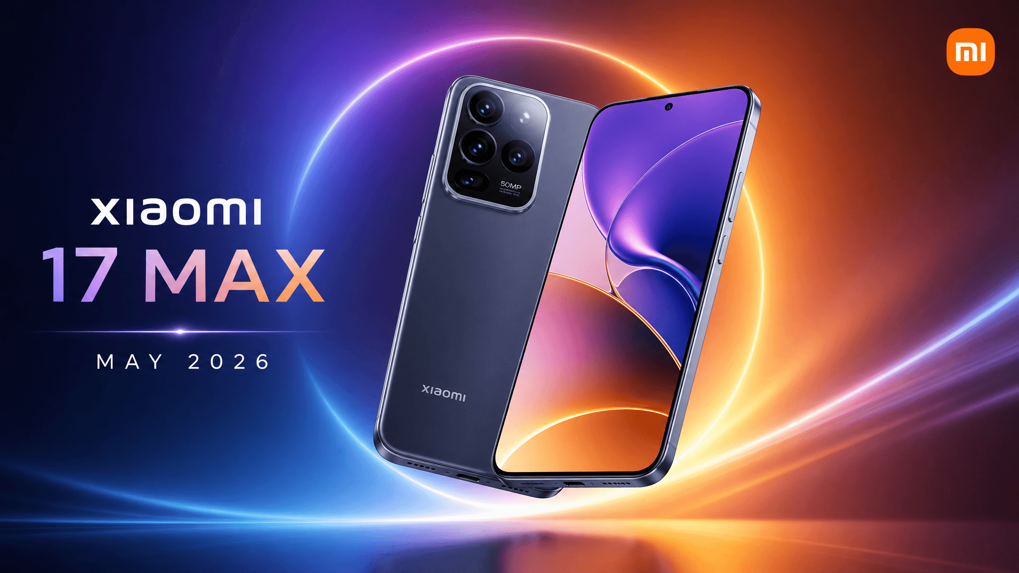 Xiaomi 17 Max สมาร์ตโฟนเรือธงรุ่นใหม่ สไตล์ไซเบอร์พังค์ แสงนีออนฟ้า-ม่วง พร้อมโลโก้ Xiaomi