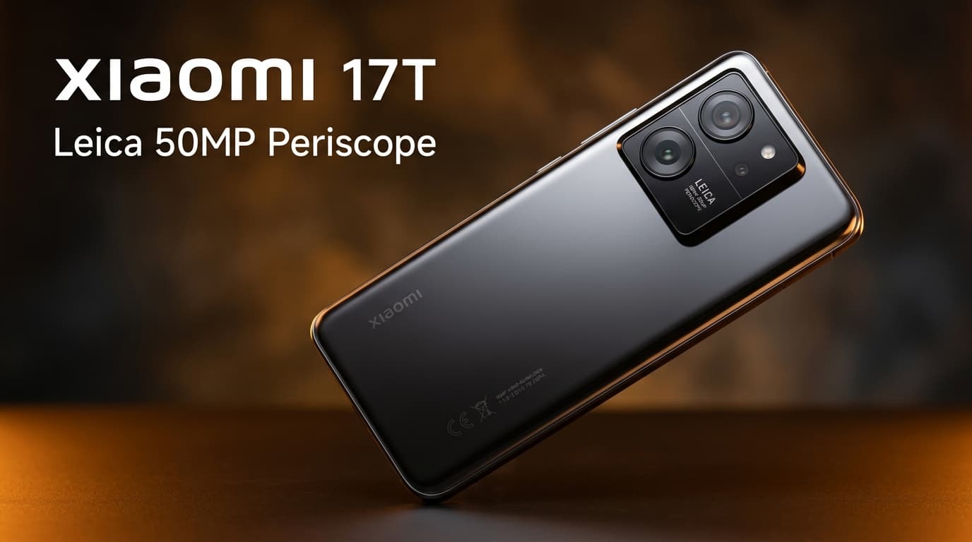 ภาพ Xiaomi 17T ตัวเครื่องสีดำ แสดงกล้อง Leica หลังสีดำสลับเงิน พื้นหลังสตูดิโอโทนสว่าง