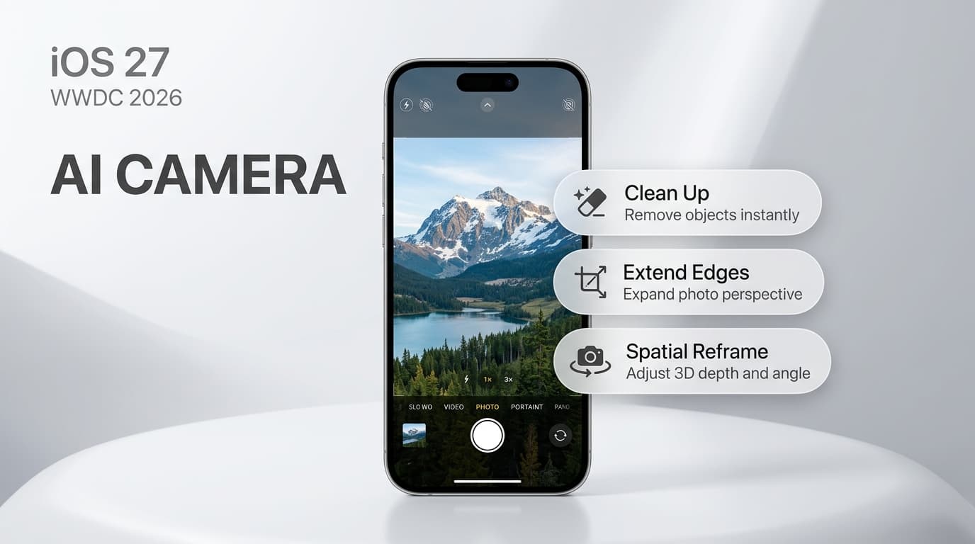 ภาพคอนเซ็ปต์ iPhone พร้อมฟีเจอร์ AI Camera Clean Up และ Extend พื้นหลังสีขาวและเทาพร้อม Apple logo สีเงิน