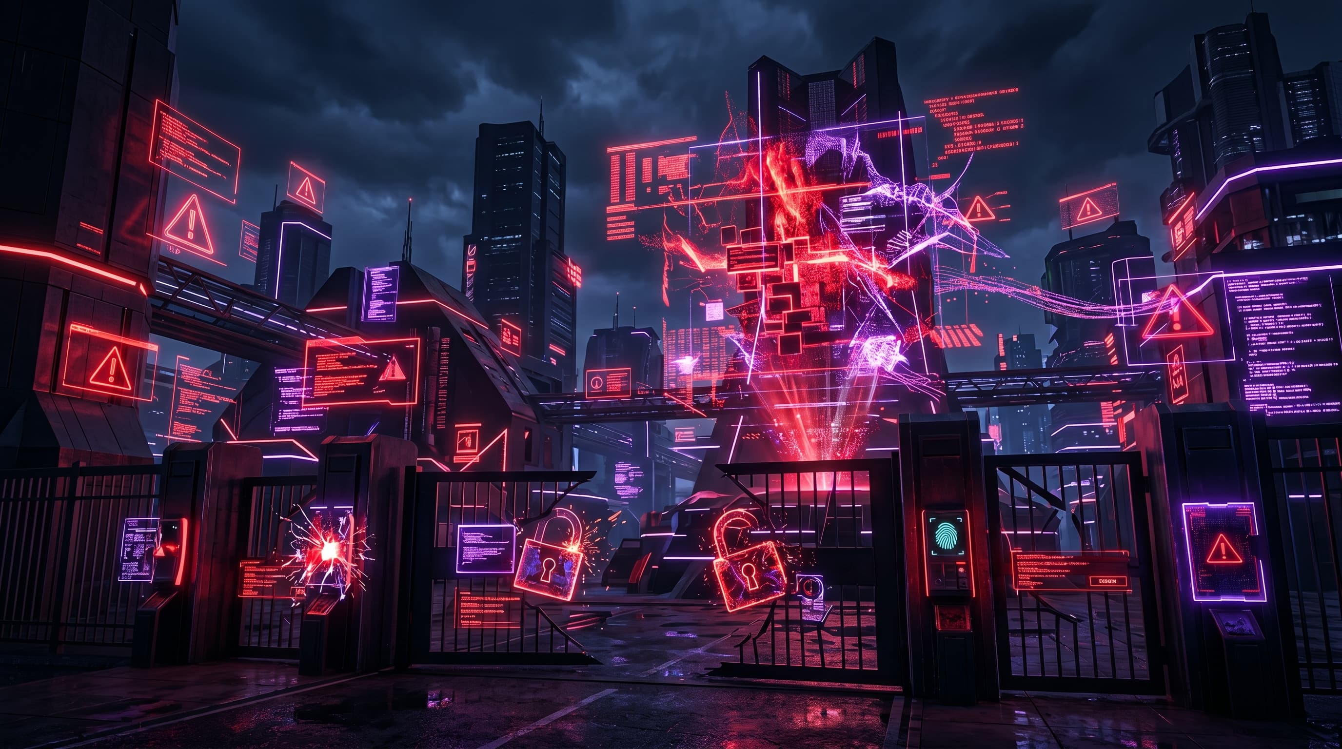 กราฟิก Cyberpunk แนว Security สีแดง-ม่วง แสดงภาพมหาวิทยาลัยถูกโจมตีด้วยดิจิทัล มี Lock สีแดงและ Warning สัญญาณอันตราย สื่อถึงการโจมตีทางไซเบอร์ต่อสถาบันการศึกษา