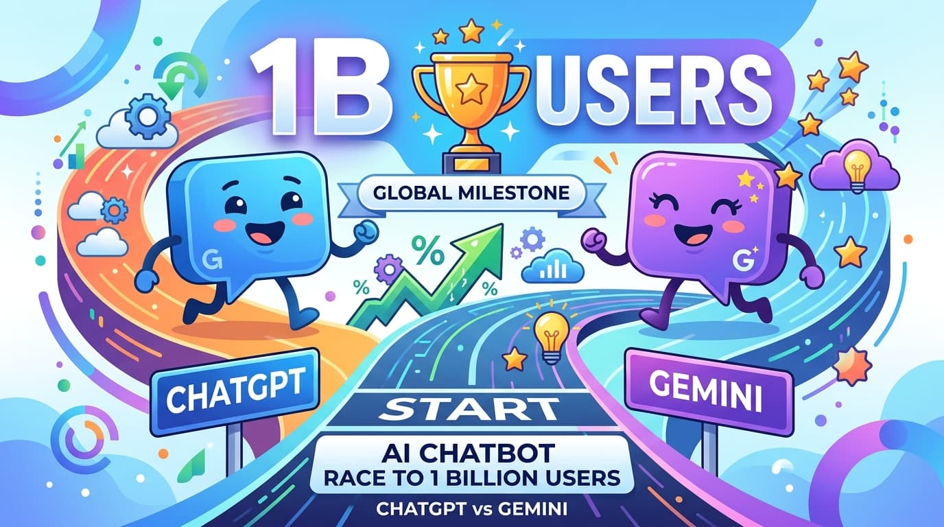 กราฟิกแชทบอทสองตัวแข่งขันกันพร้อมตัวเลข 1B USERS และสัญลักษณ์โลโก้ ChatGPT กับ Gemini