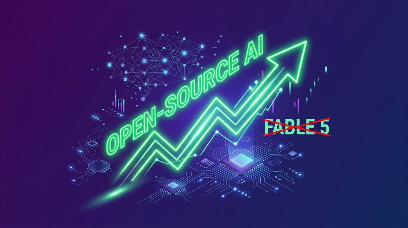 Chinese stock market chart trending upward with AI neural network nodes and open source symbol