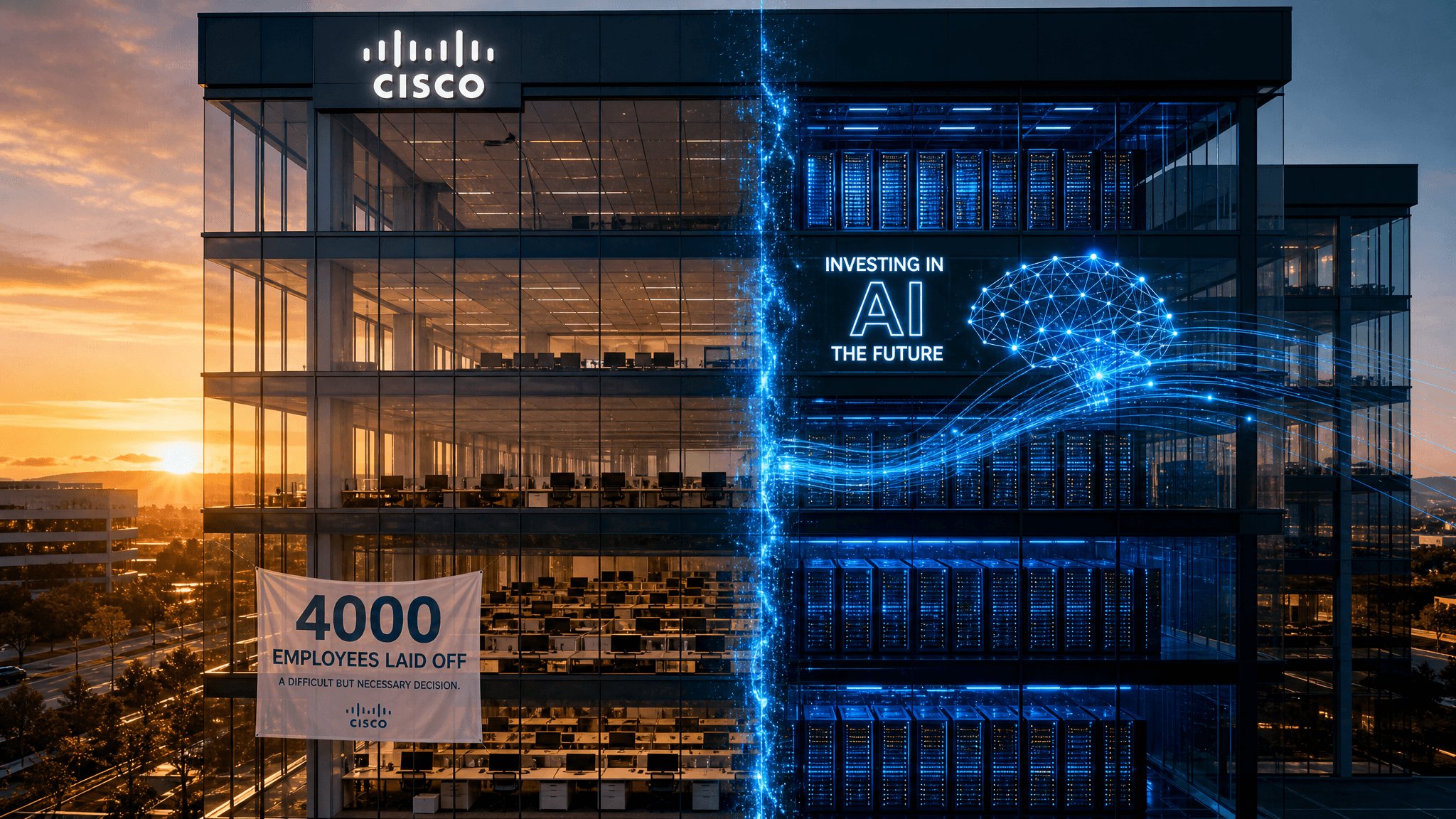 Cisco office building with AI infrastructure visualization